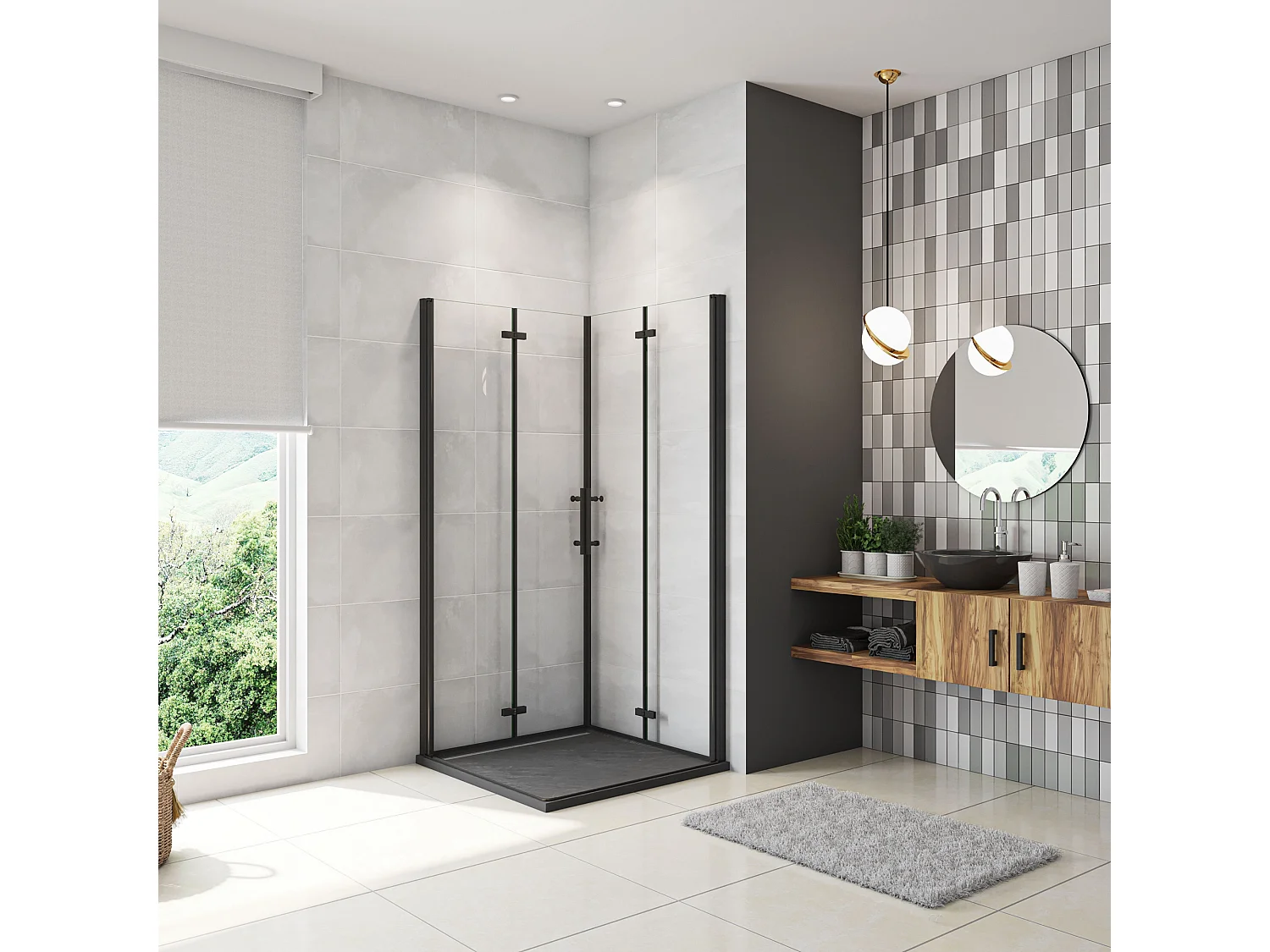 120x120x185cm Douchecabine Vierkant Hoekinstap Draaideur Antikalk Helder Glas Mat Zwart Profiel 6mm Veiligheidsglas Easy Clean