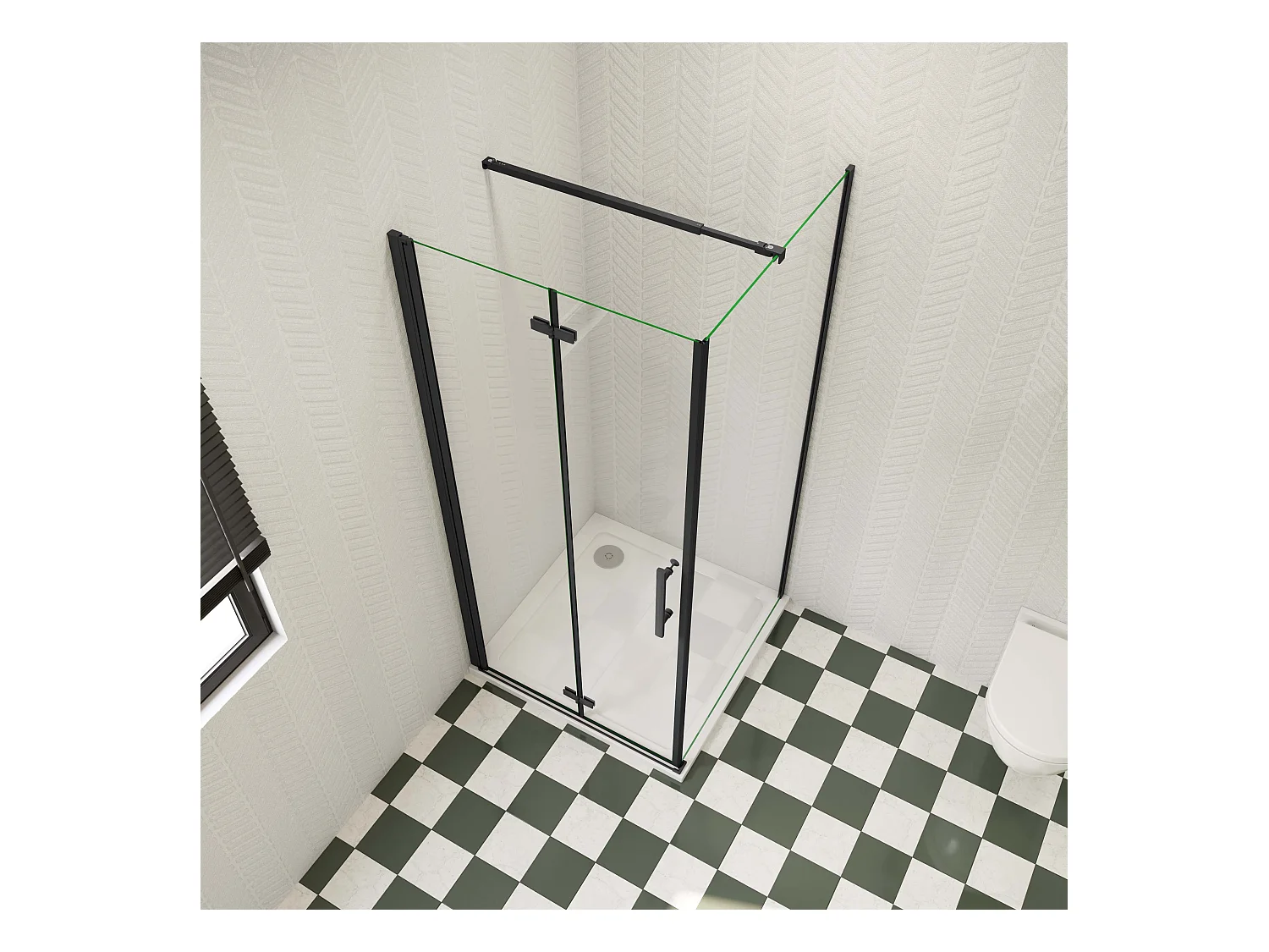 76x80x185cm douchecabine met inklapbare vouwdeur en vaste zijwand, 6mm helder EasyClean veiligheidsglas,mat zwarte aluminium frame, stabilisatiestang 73-120 cm