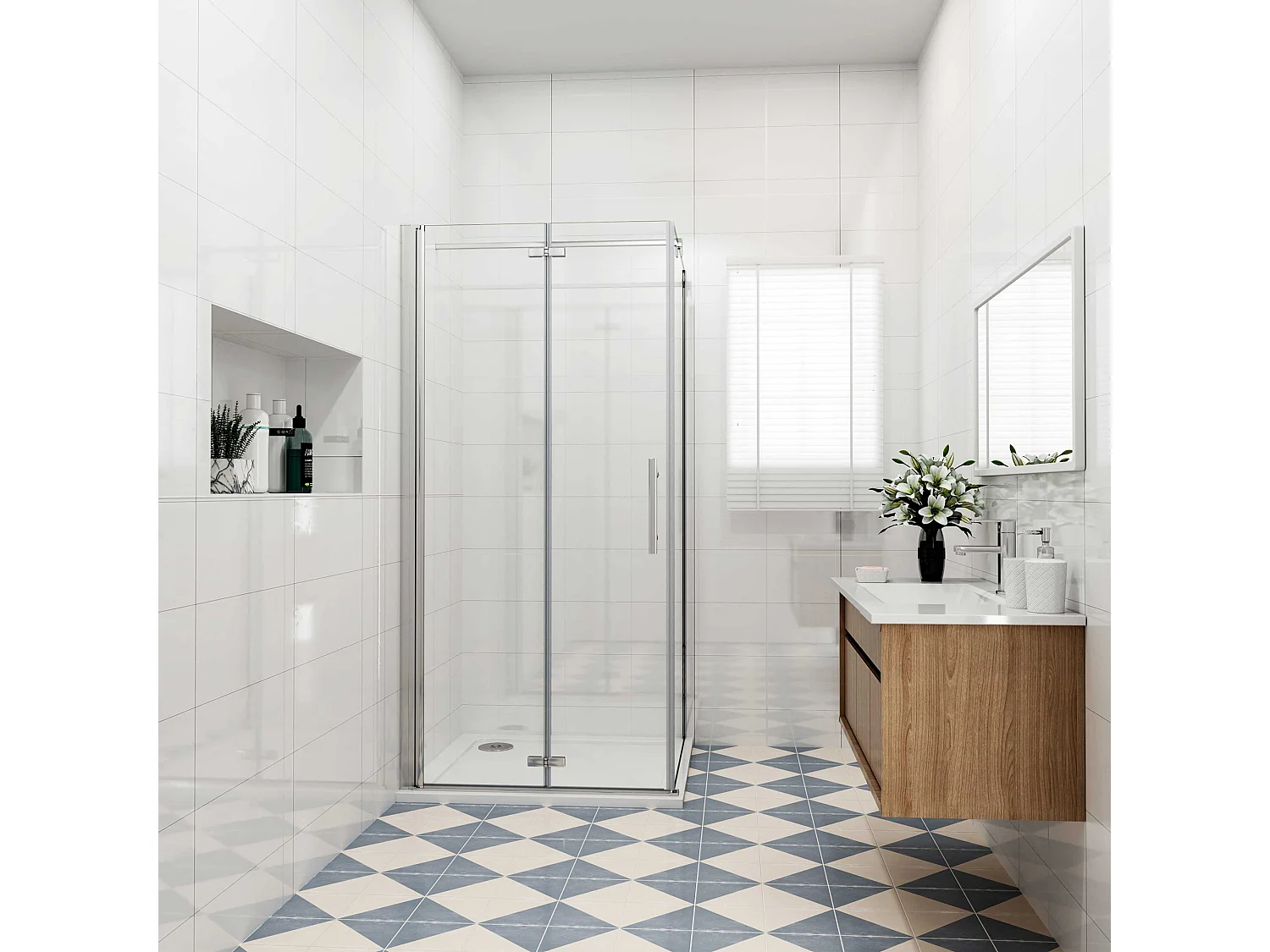 Douchecabine met vouwdeur en vaste zijwand ,NANO EasyClean veiligheidsglas,B:110xD:100x185cm,F-vorm 140 cm Stabilisatiestang