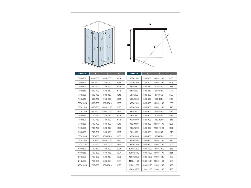 Vierkante douchecabine 70x110x185cm,dubbele vouwdeur,hoek instap,11mm veiligheidsglas nano coating