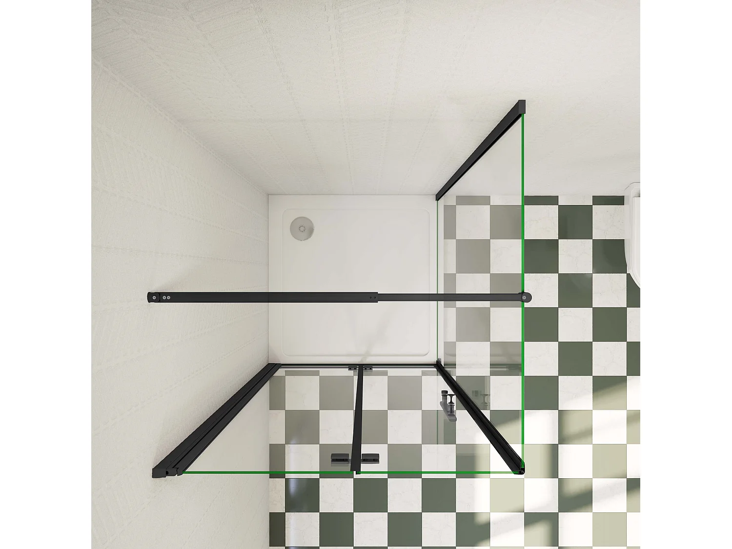 90x90x195cm douchecabine met inklapbare vouwdeur en vaste zijwand, 6mm helder EasyClean veiligheidsglas,mat zwarte aluminium frame, stabilisatiestang 70-120 cm