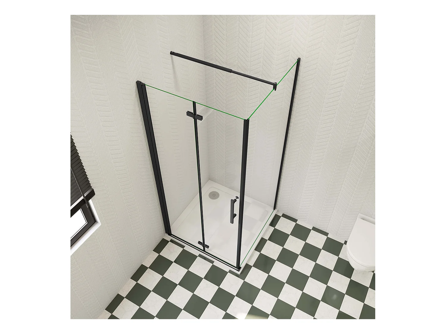 85x90x195cm douchecabine met inklapbare vouwdeur en vaste zijwand, 6mm helder EasyClean veiligheidsglas,mat zwarte aluminium frame, stabilisatiestang 70-120 cm