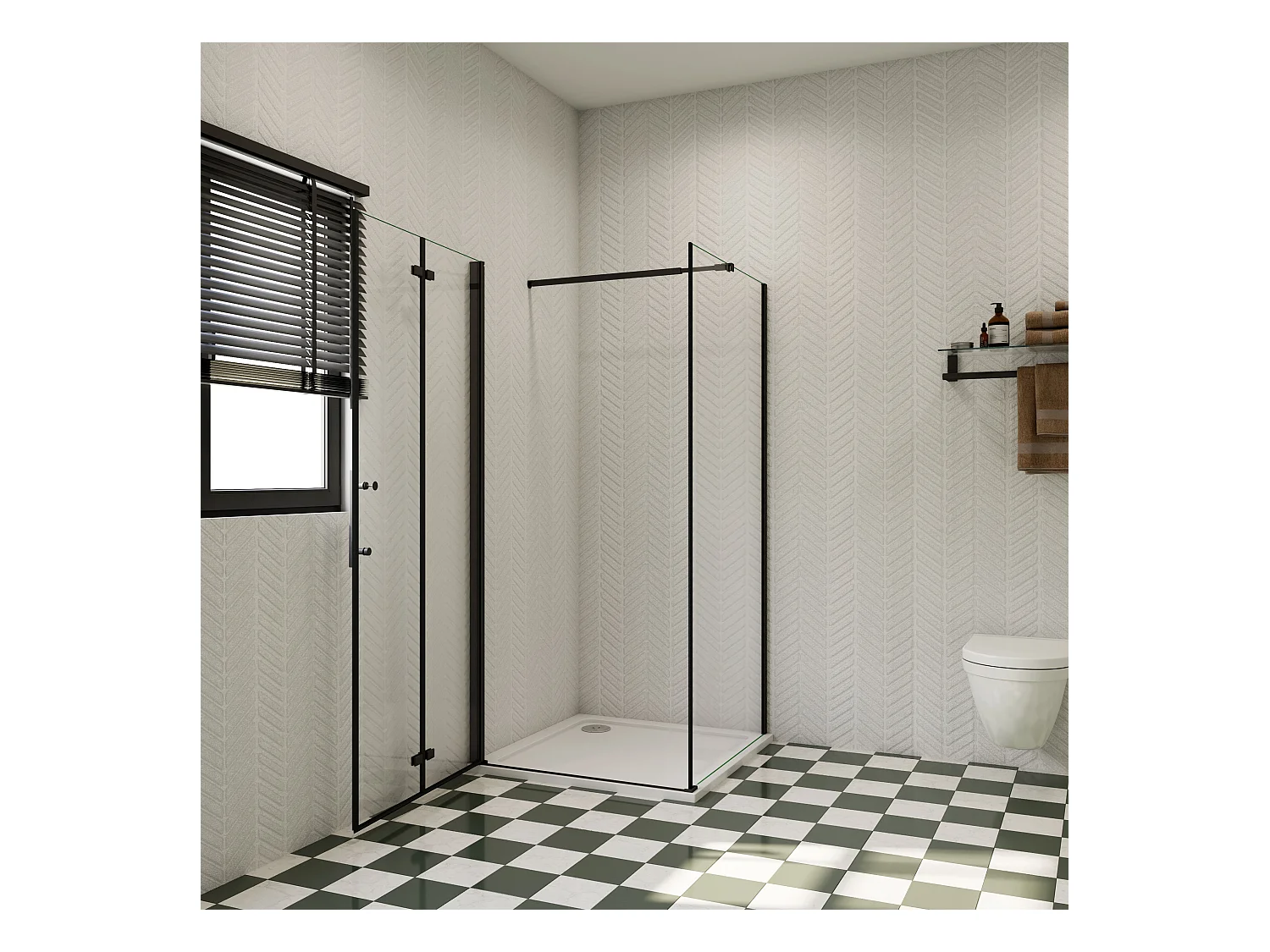 80x80x185cm douchecabine met inklapbare vouwdeur en vaste zijwand, 6mm helder EasyClean veiligheidsglas,mat zwarte aluminium frame, stabilisatiestang 73-120 cm