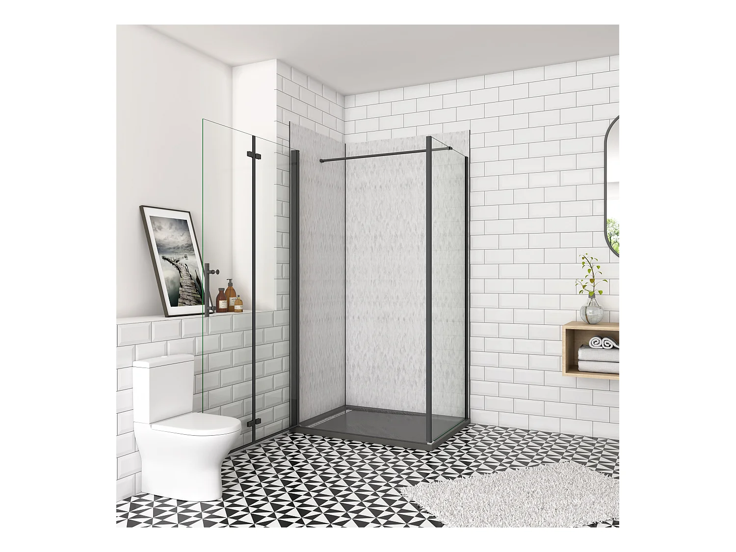 70x90x195cm douchecabine met inklapbare vouwdeur en vaste zijwand, 6mm helder EasyClean veiligheidsglas,mat zwarte aluminium frame, N-vorm 90cm Stabilisatiestang