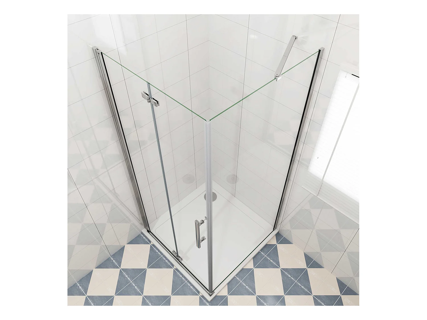 Douchecabine met vouwdeur en vaste zijwand ,NANO EasyClean veiligheidsglas,B:100xD:100x195cm,50cm Stabilisatiestang