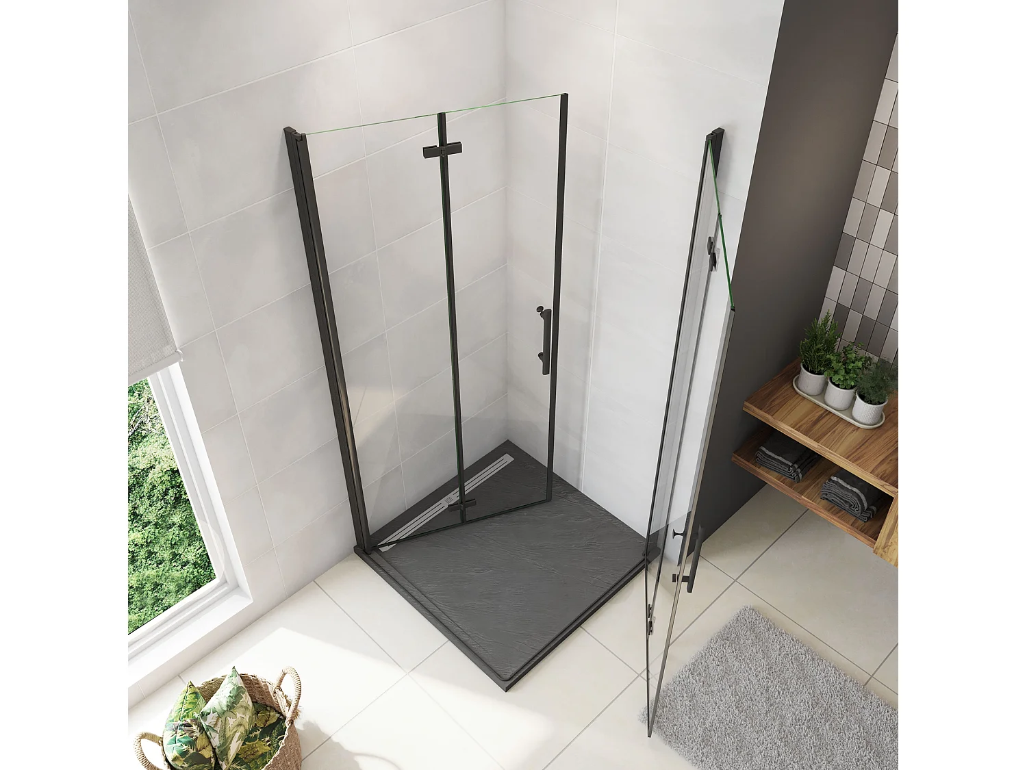 76x120x185cm Douchecabine Vierkant Hoekinstap Draaideur Antikalk Helder Glas Mat Zwart Profiel 6mm Veiligheidsglas Easy Clean