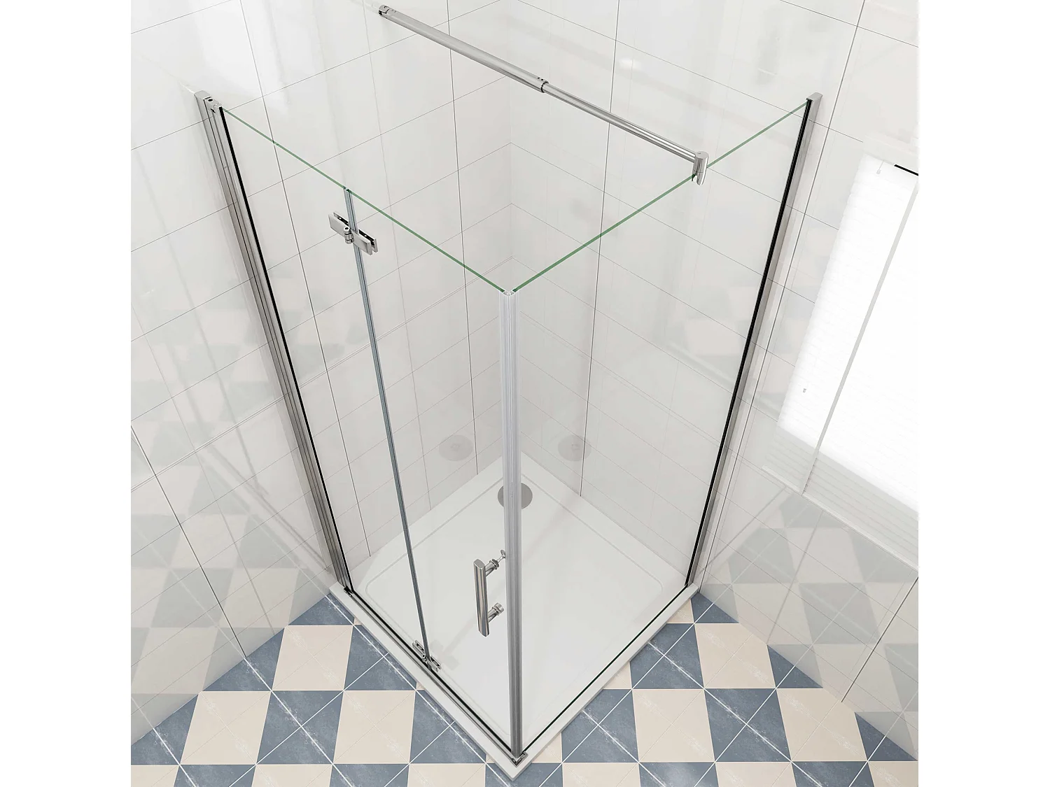 Douchecabine met vouwdeur en vaste zijwand ,NANO EasyClean veiligheidsglas,B:76xD:76x185cm,70-120cm Stabilisatiestang