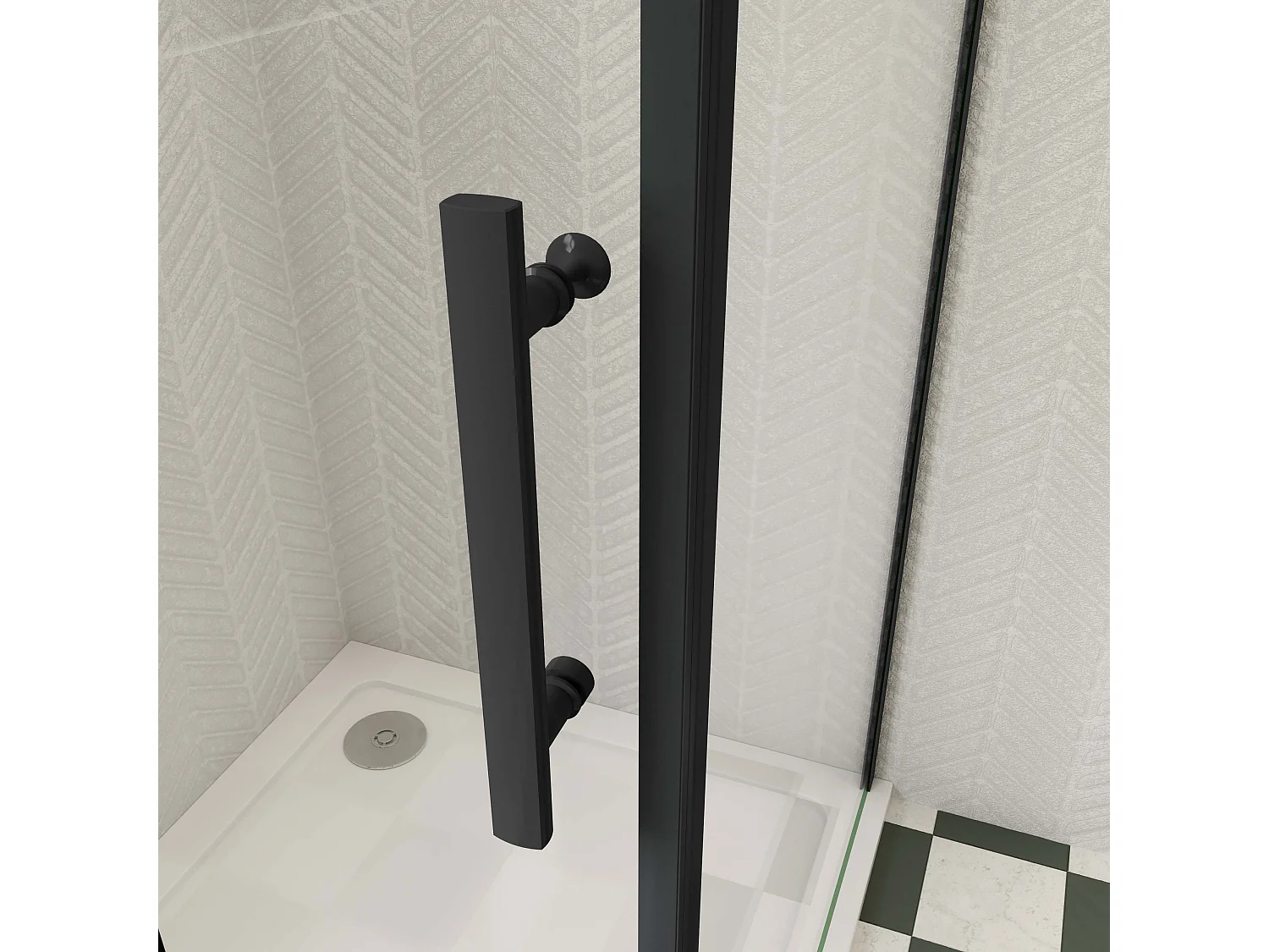 120x90x195cm douchecabine met inklapbare vouwdeur en vaste zijwand, 6mm helder EasyClean veiligheidsglas,mat zwarte aluminium frame, stabilisatiestang 50 cm