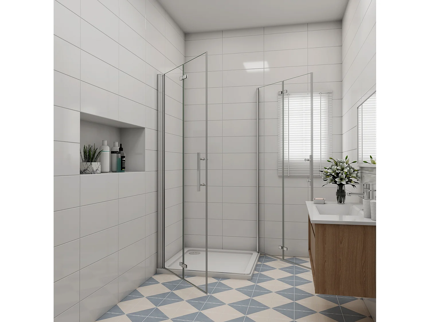 Vierkante douchecabine 70x70x185cm,dubbele vouwdeur,hoek instap,6mm veiligheidsglas nano coating