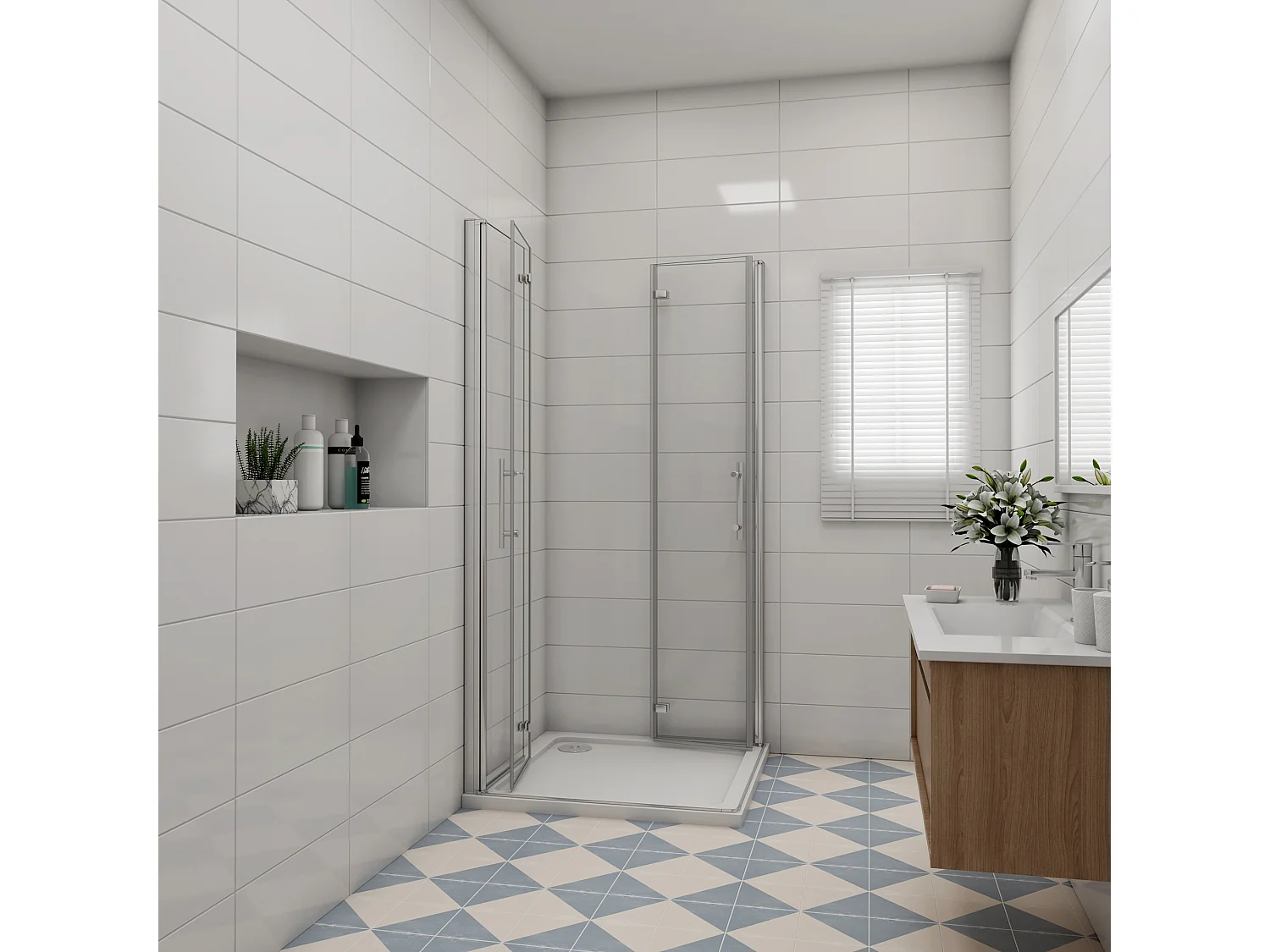 Vierkante douchecabine 70x70x185cm,dubbele vouwdeur,hoek instap,6mm veiligheidsglas nano coating