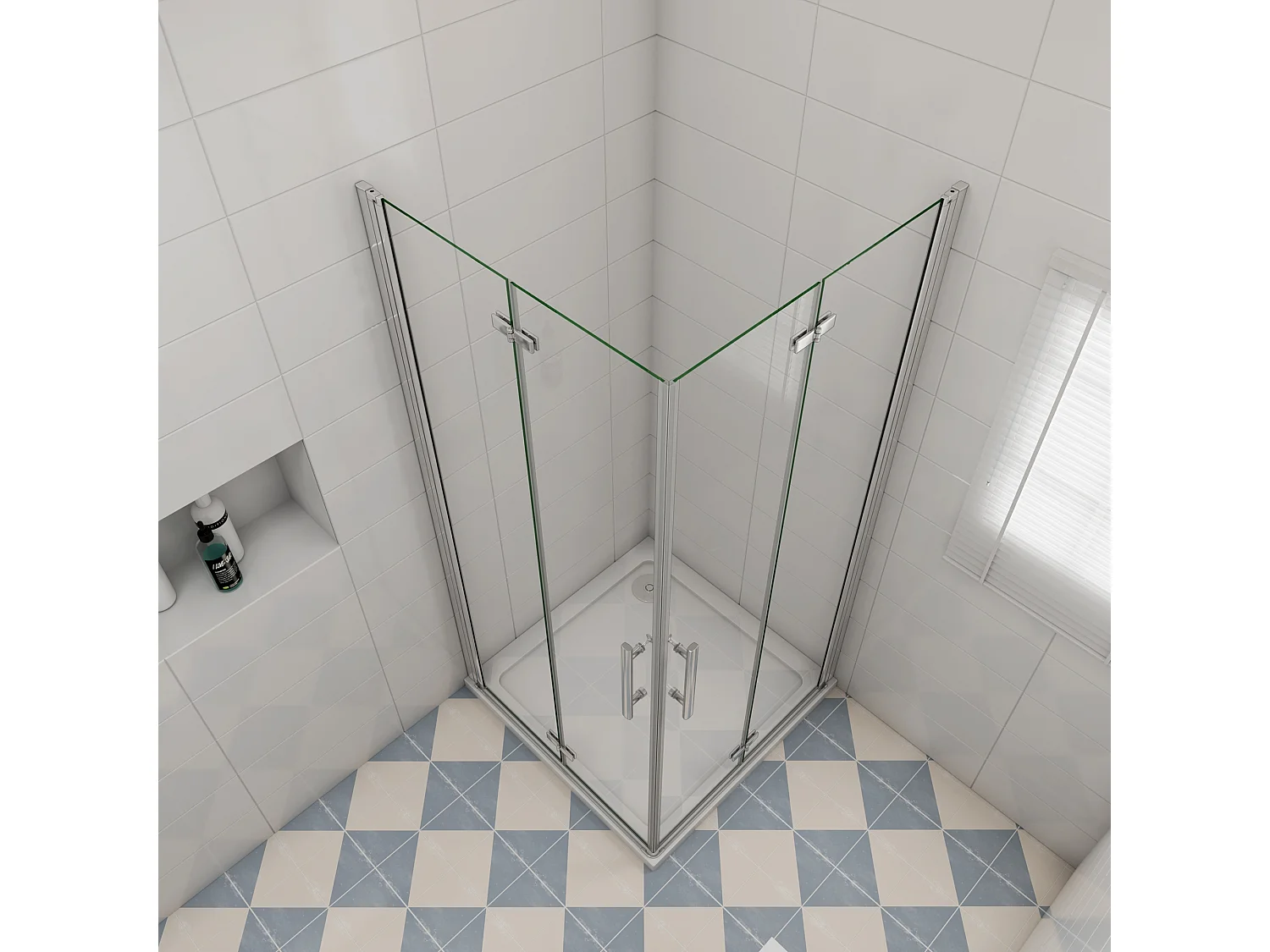 Vierkante douchecabine 70x70x185cm,dubbele vouwdeur,hoek instap,6mm veiligheidsglas nano coating