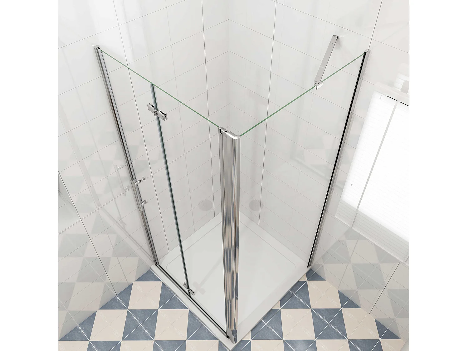 Douchecabine 90x90x195cm, draaideur+ vouwdeur (L-vorm),NANO EasyClean veiligheidsglas,stabilisatiestang 50cm