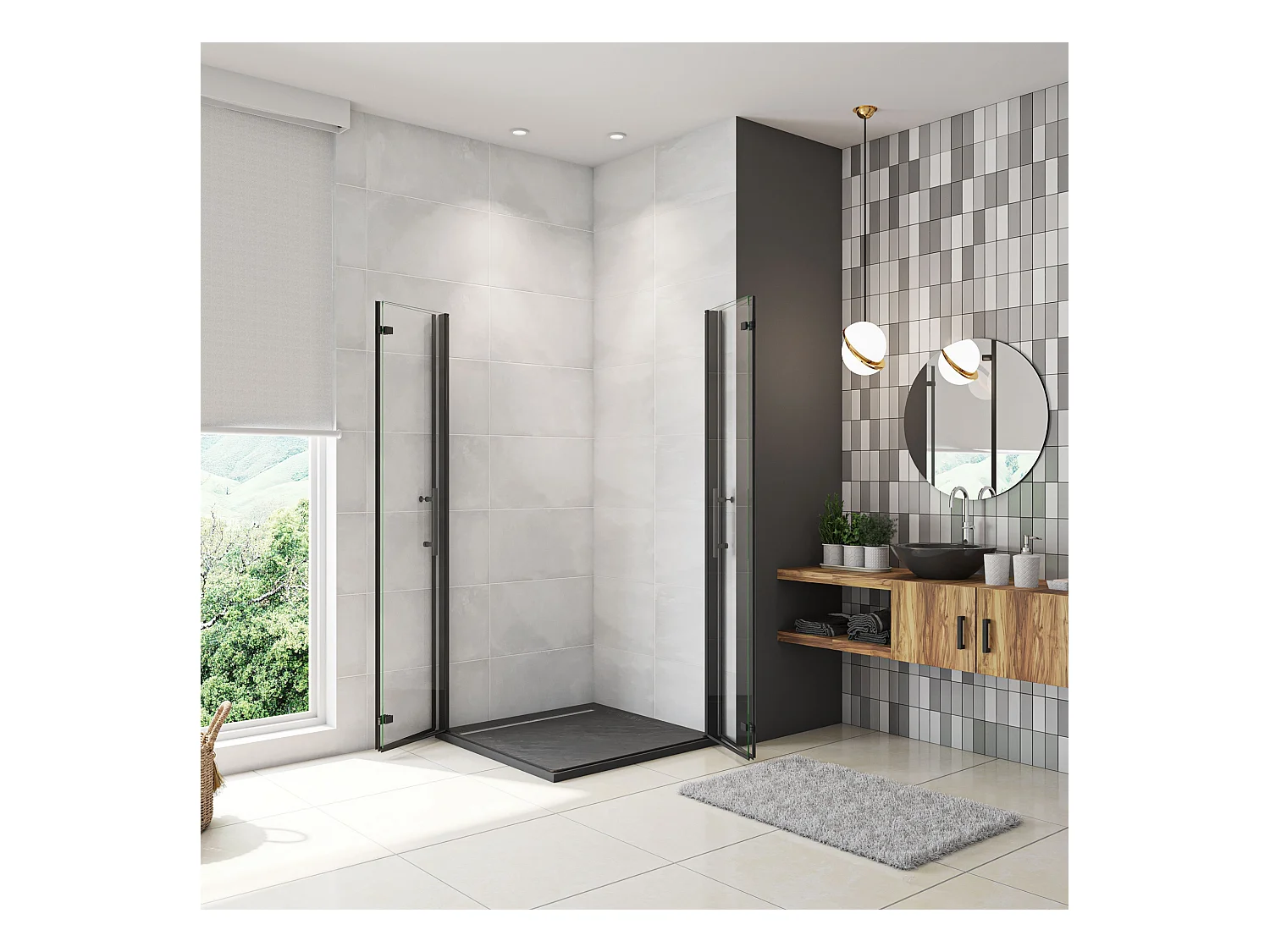 90x100x185cm Douchecabine Vierkant Hoekinstap Draaideur Antikalk Helder Glas Mat Zwart Profiel 6mm Veiligheidsglas Easy Clean