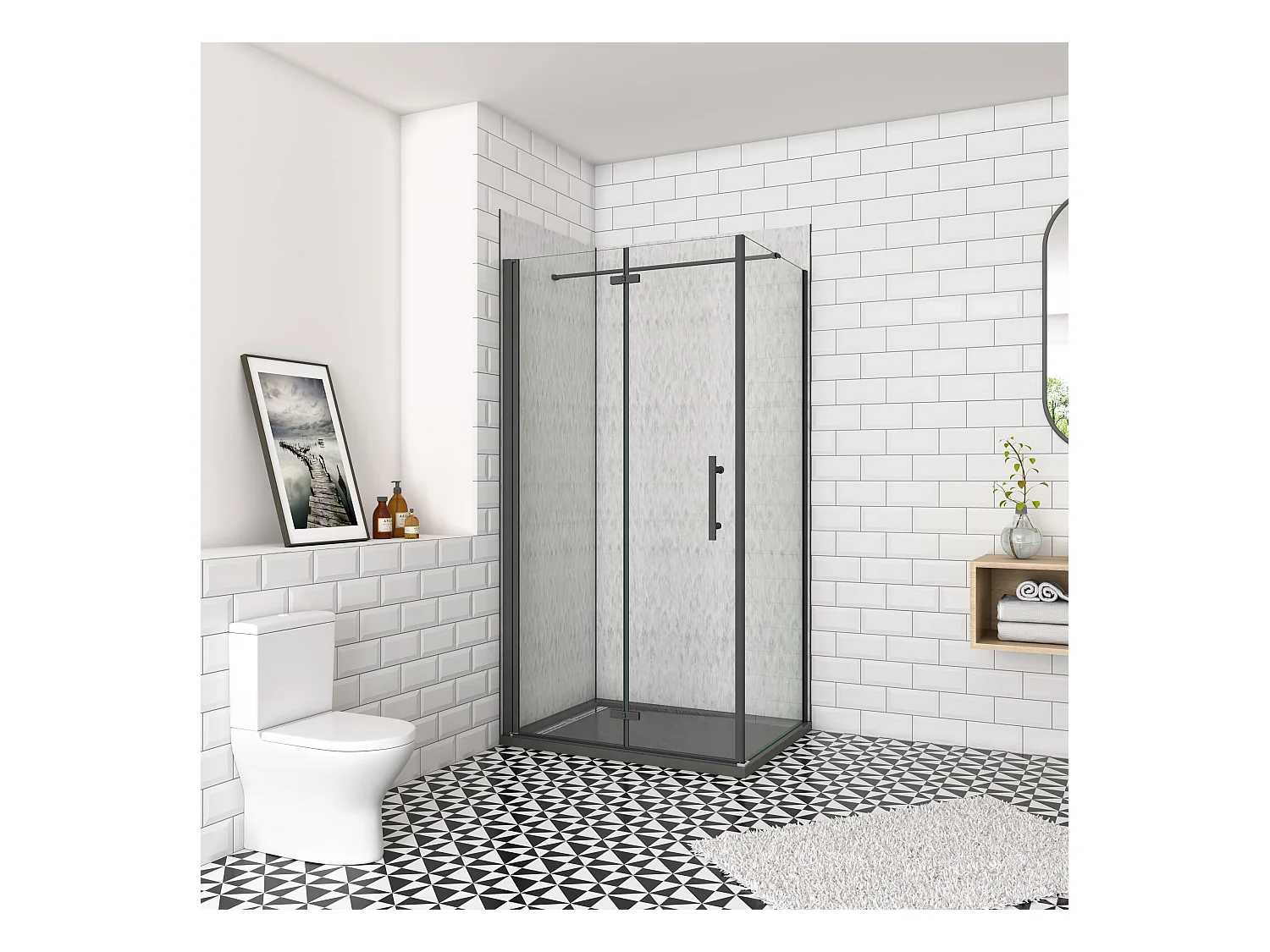 76x76x185cm douchecabine met inklapbare vouwdeur en vaste zijwand, 6mm helder EasyClean veiligheidsglas,mat zwarte aluminium frame, N-vorm 90cm Stabilisatiestang