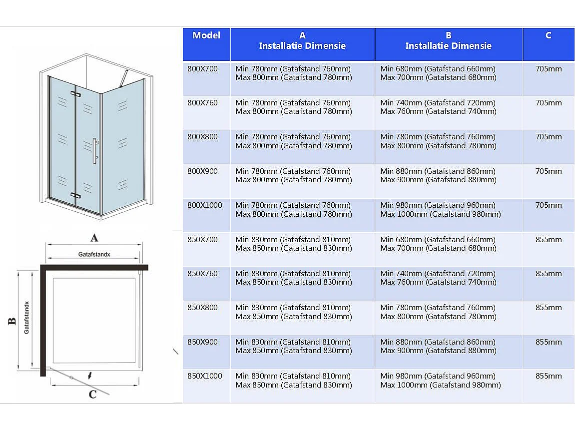 Douchecabine met vouwdeur en vaste zijwand ,NANO EasyClean veiligheidsglas,B:80xD:90x195cm,F-vorm 90cm Stabilisatiestang
