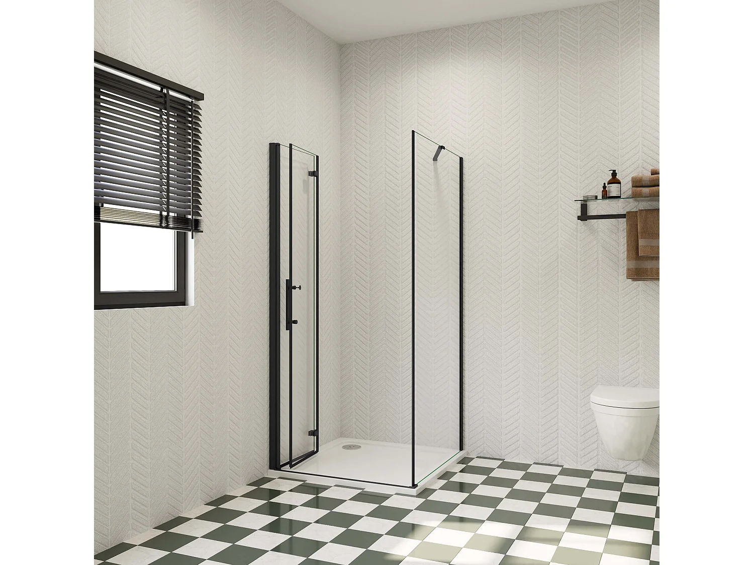 110x90x195cm douchecabine met inklapbare vouwdeur en vaste zijwand, 6mm helder EasyClean veiligheidsglas,mat zwarte aluminium frame, stabilisatiestang 50 cm