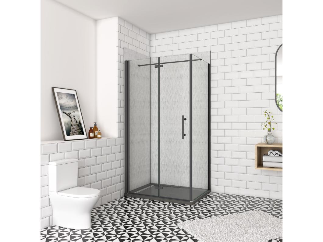 70x70x185cm douchecabine met inklapbare vouwdeur en vaste zijwand, 6mm helder EasyClean veiligheidsglas,mat zwarte aluminium frame, N-vorm 90cm Stabilisatiestang