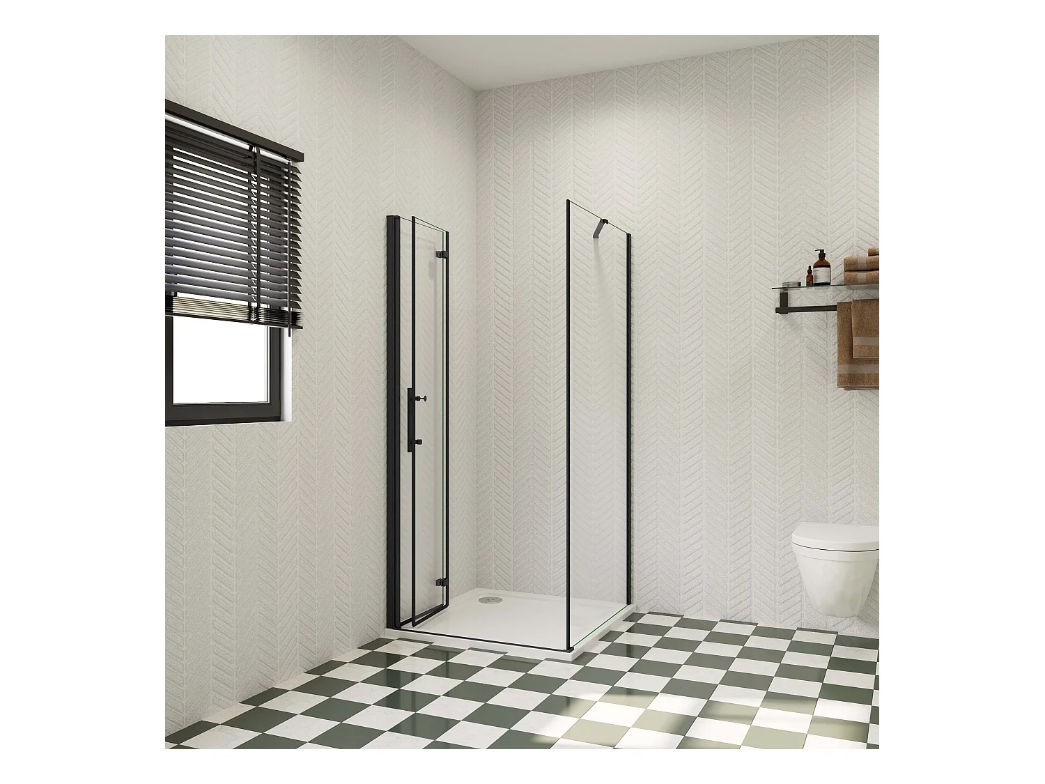 70x90x195cm douchecabine met inklapbare vouwdeur en vaste zijwand, 6mm helder EasyClean veiligheidsglas,mat zwarte aluminium frame, stabilisatiestang 50 cm