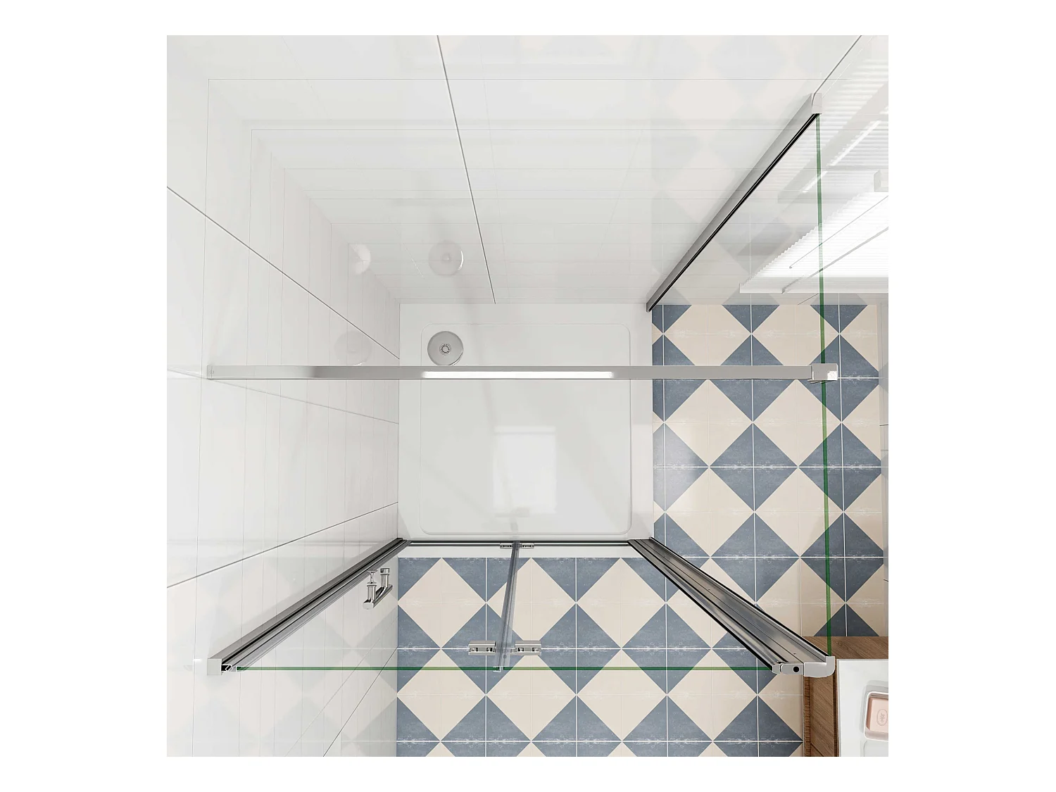 B:76xD:80x185cm,Douchecabine met vouwdeur en vaste zijwand ,NANO EasyClean veiligheidsglas,F-vorm 90 cm Stabilisatiestang