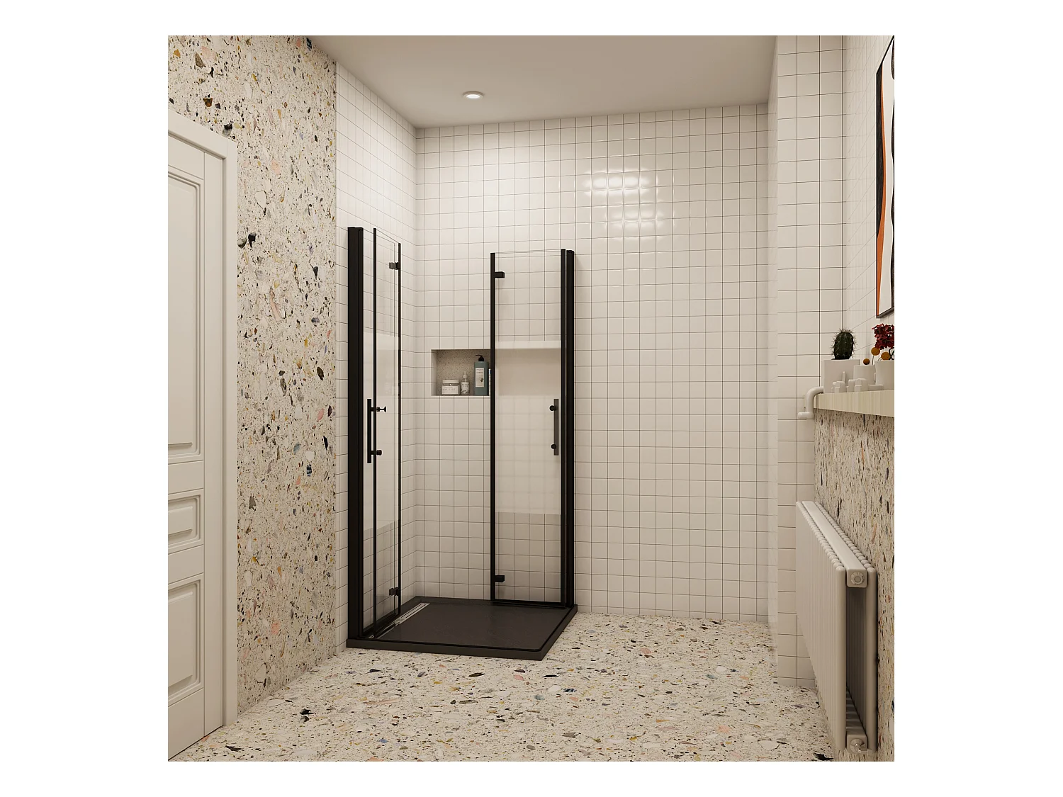 70x100x195cm Douchecabine Vierkant Hoekinstap Draaideur Antikalk Helder Glas Mat Zwart Profiel 6mm Veiligheidsglas Easy Clean,ondoorzichtige matte middenstrook