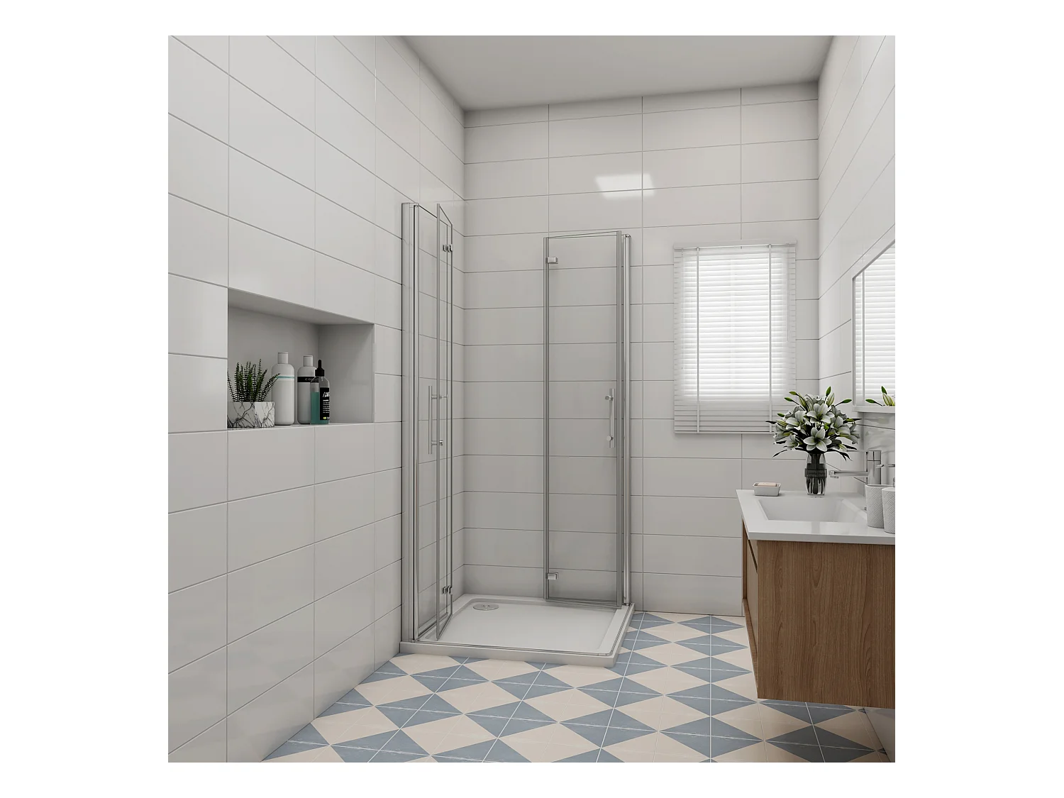 Vierkante douchecabine 90x100x185cm,dubbele vouwdeur,hoek instap,6mm veiligheidsglas nano coating