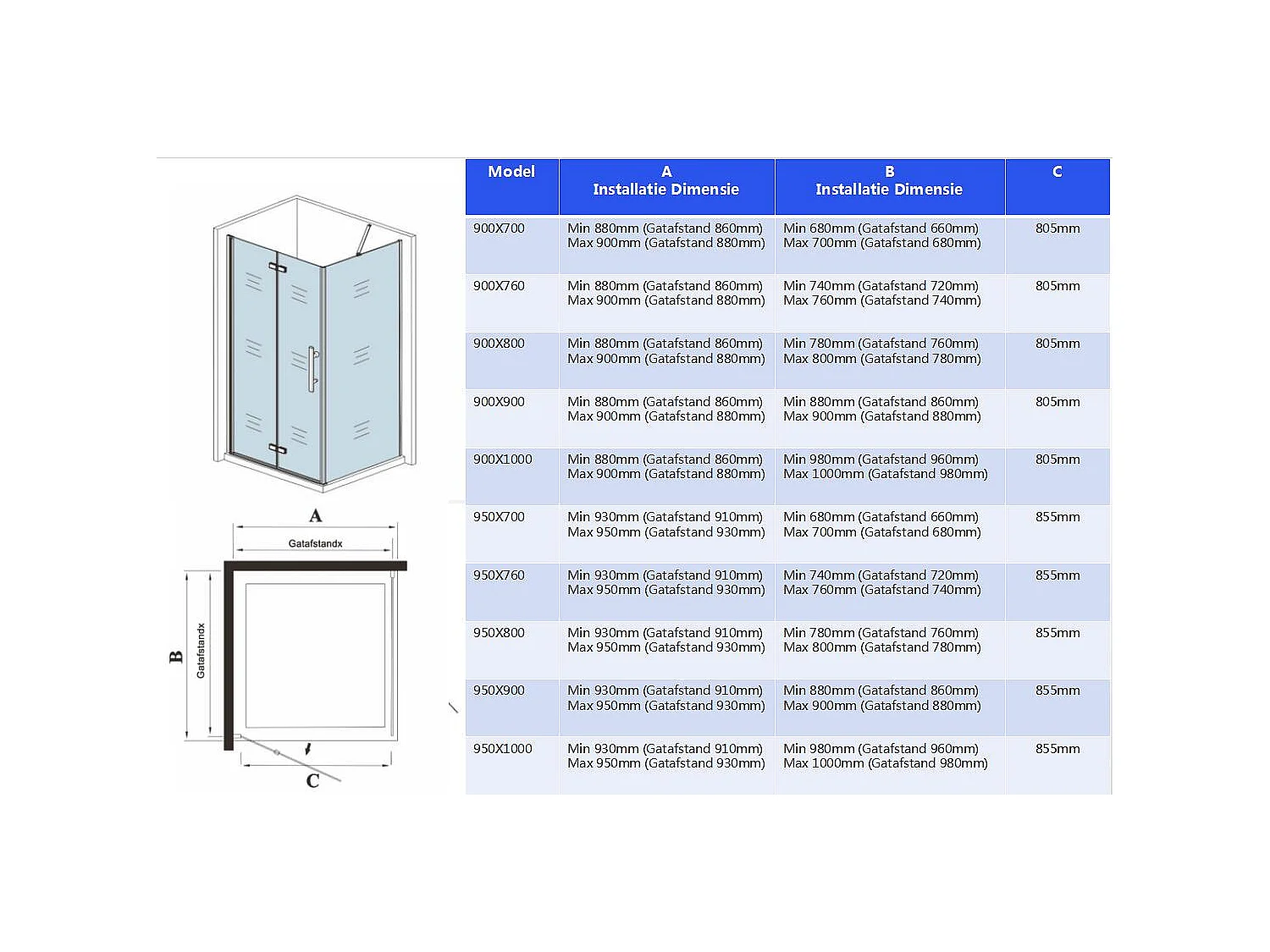 Douchecabine met vouwdeur en vaste zijwand ,NANO EasyClean veiligheidsglas,B:90xD:90x185cm,50cm Stabilisatiestang