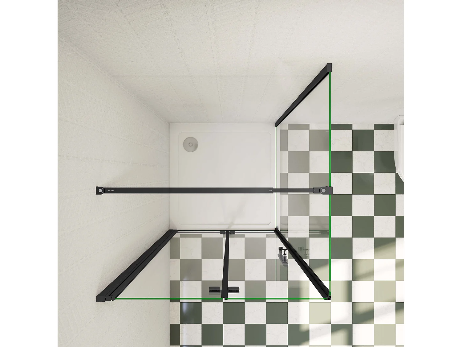 100x76x195cm douchecabine met inklapbare vouwdeur en vaste zijwand, 6mm helder EasyClean veiligheidsglas,mat zwarte aluminium frame, stabilisatiestang 73-120 cm