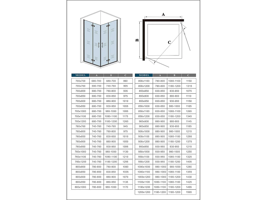 Vierkante douchecabine 76x120x185cm,dubbele vouwdeur,hoek instap,11mm veiligheidsglas nano coating