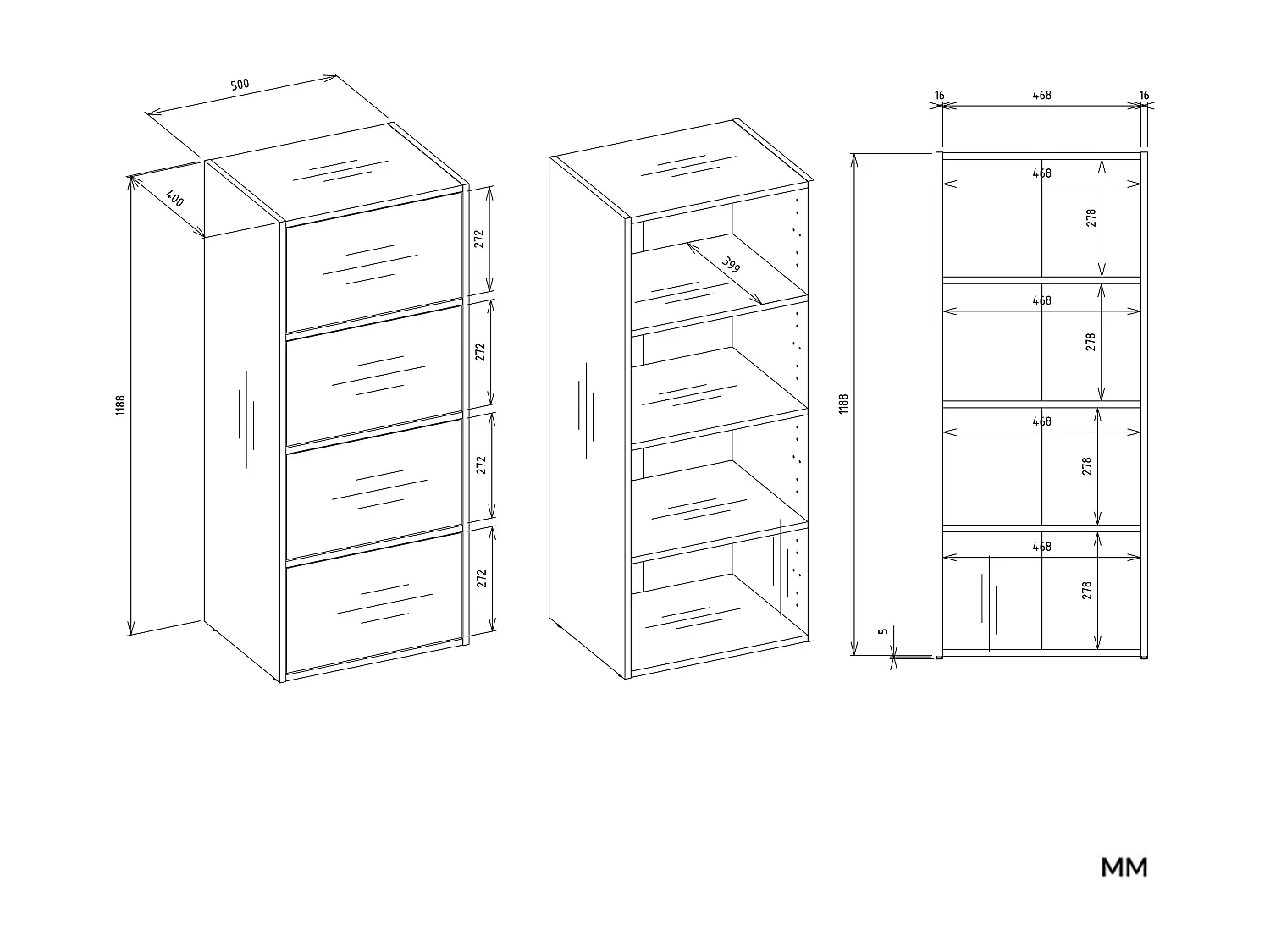 ALMA - Commode - 4 portes pour chambre - 50x119x40cm - Blanc