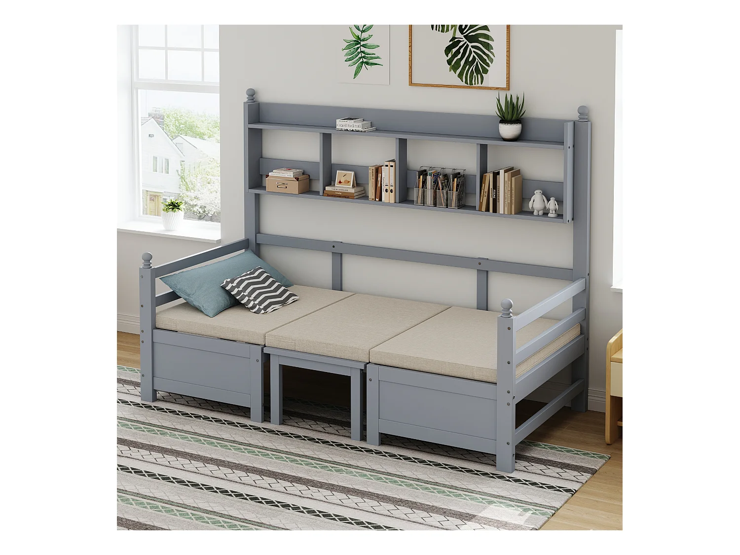 Multifunktionales Schlafsofa - 200 x 90 cm - 2 in 1 - mit Kissen und Stauraum - Massivholz - grau