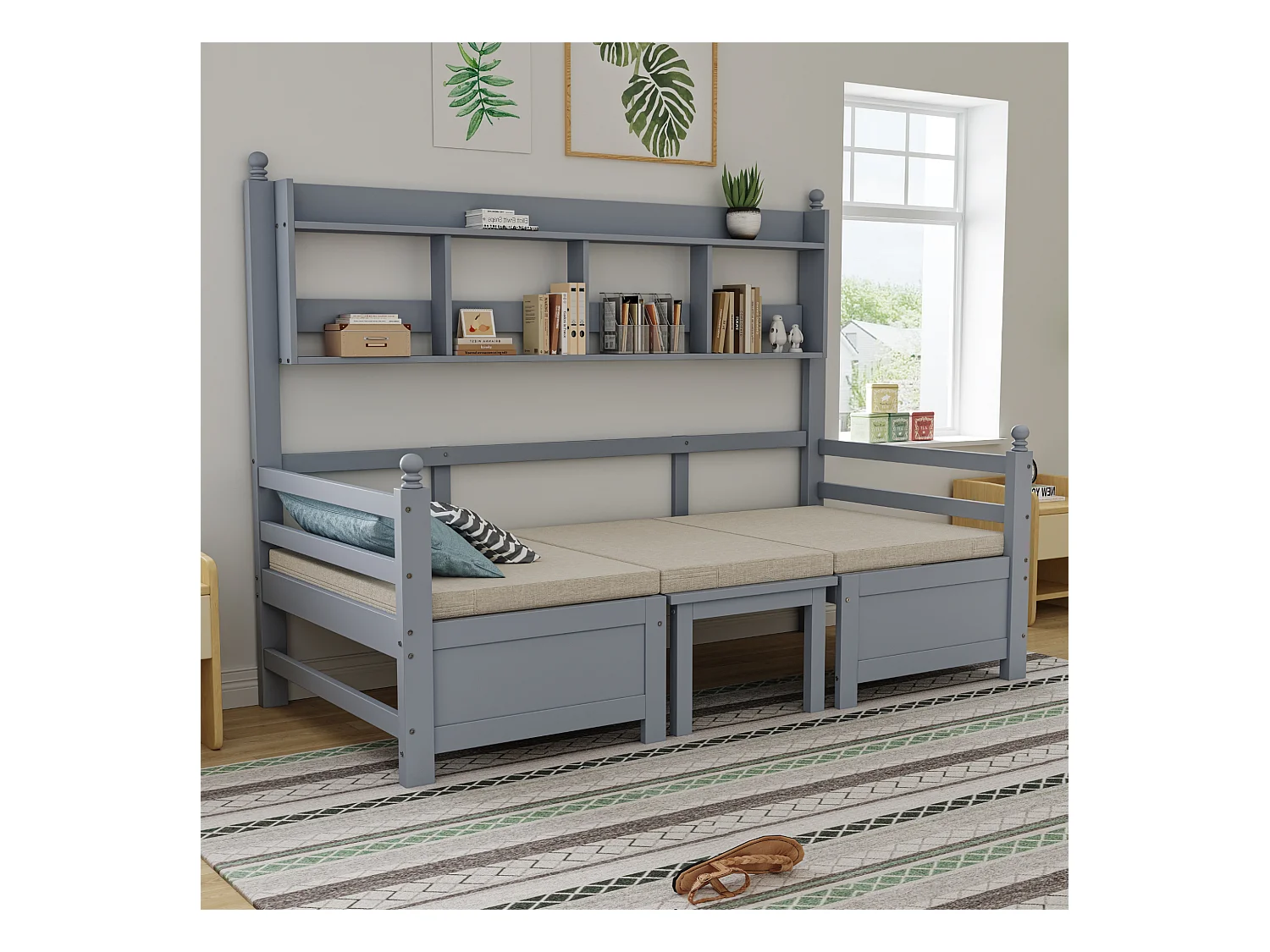 Multifunktionales Schlafsofa - 200 x 90 cm - 2 in 1 - mit Kissen und Stauraum - Massivholz - grau