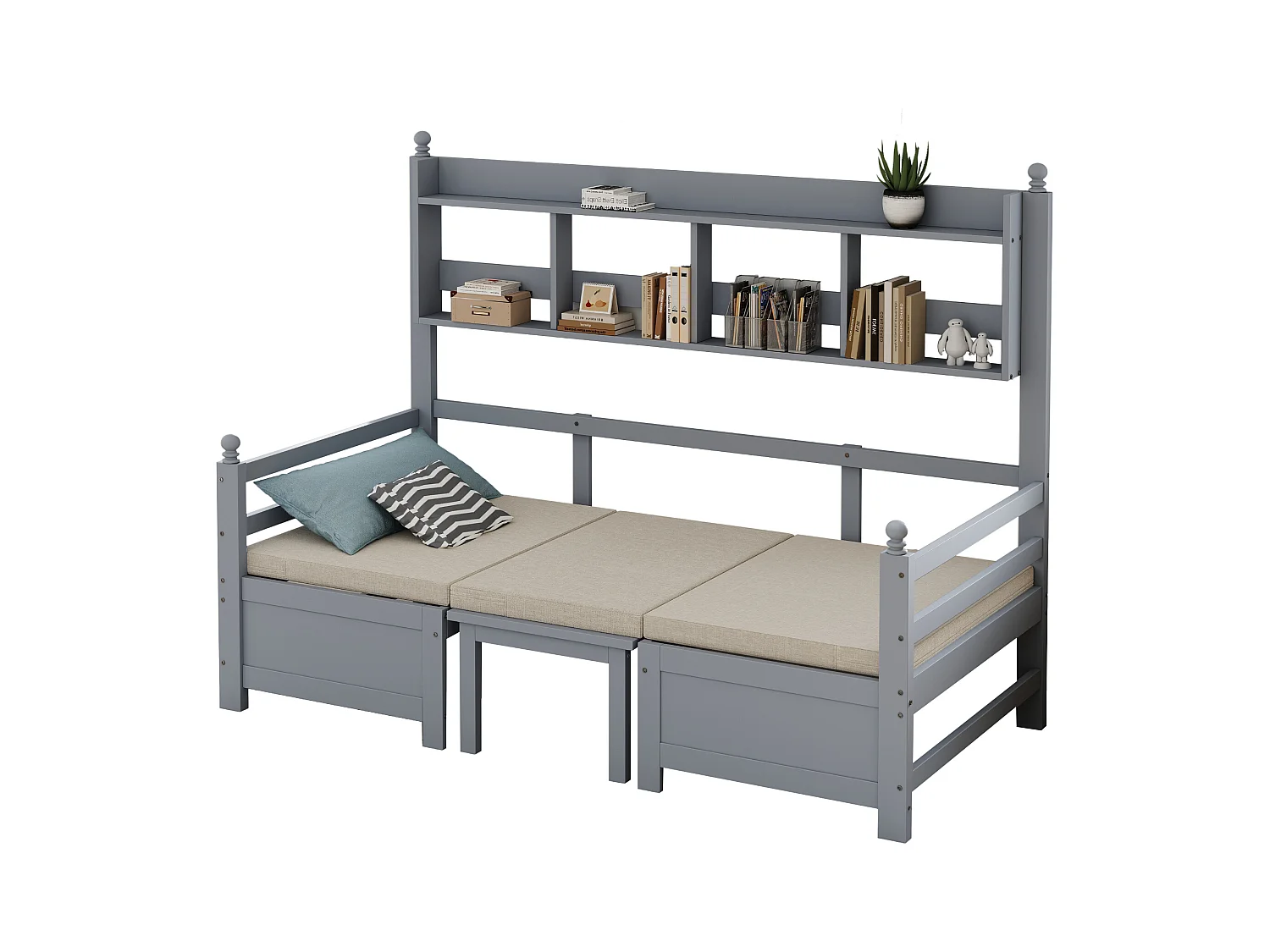 Multifunktionales Schlafsofa - 200 x 90 cm - 2 in 1 - mit Kissen und Stauraum - Massivholz - grau