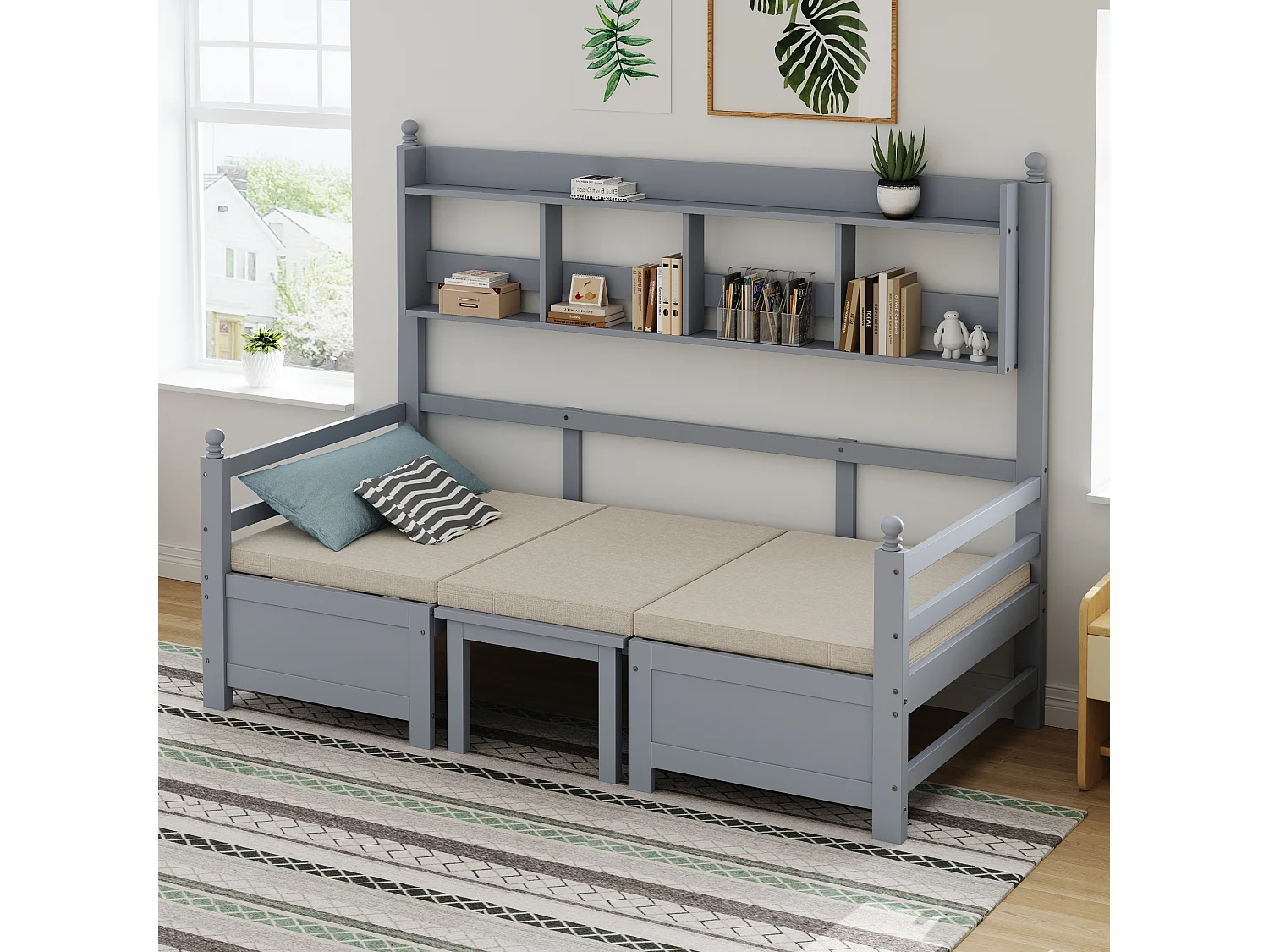 Canapé-lit multifonctionnel - 200 x 90 cm - 2 en 1 - avec oreillers et rangements - Bois massif- gris