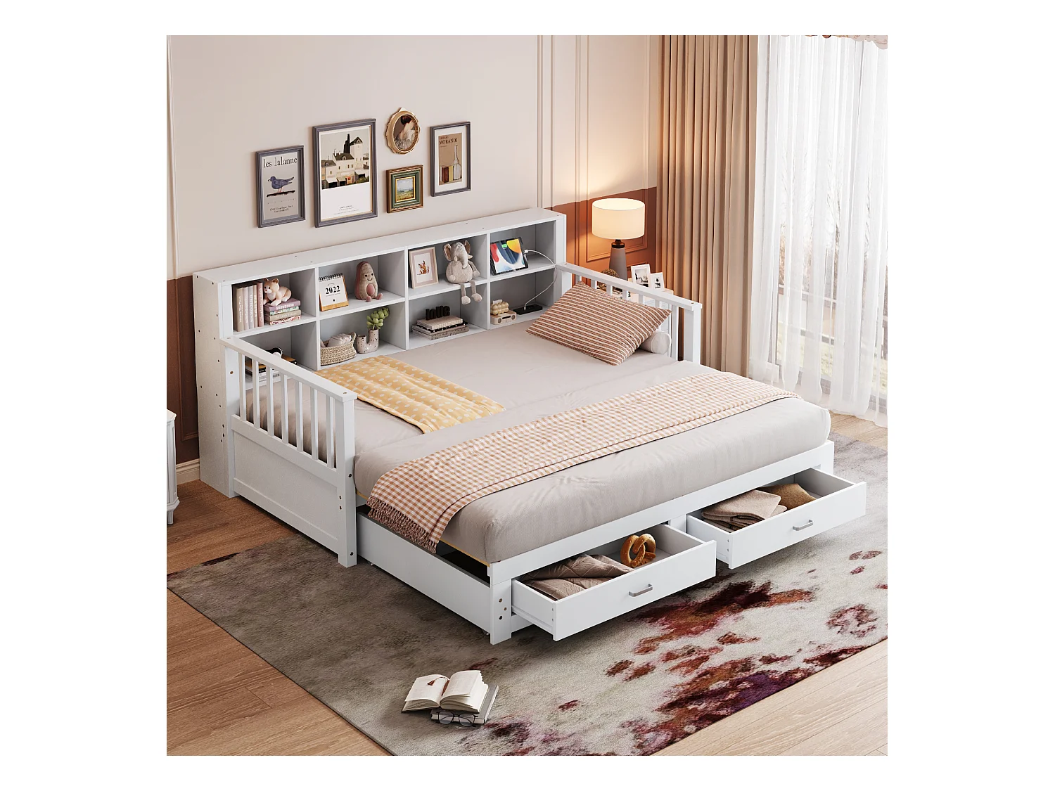 Lit banquette - 90 /180 x 190 cm - Canapé-lit - 2 tiroirs + rangement - bois de pin + contreplaqué + MDF - Blanc