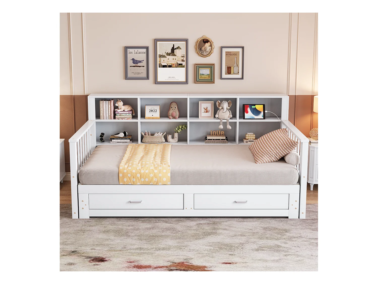 Lit banquette - 90 /180 x 190 cm - Canapé-lit - 2 tiroirs + rangement - bois de pin + contreplaqué + MDF - Blanc