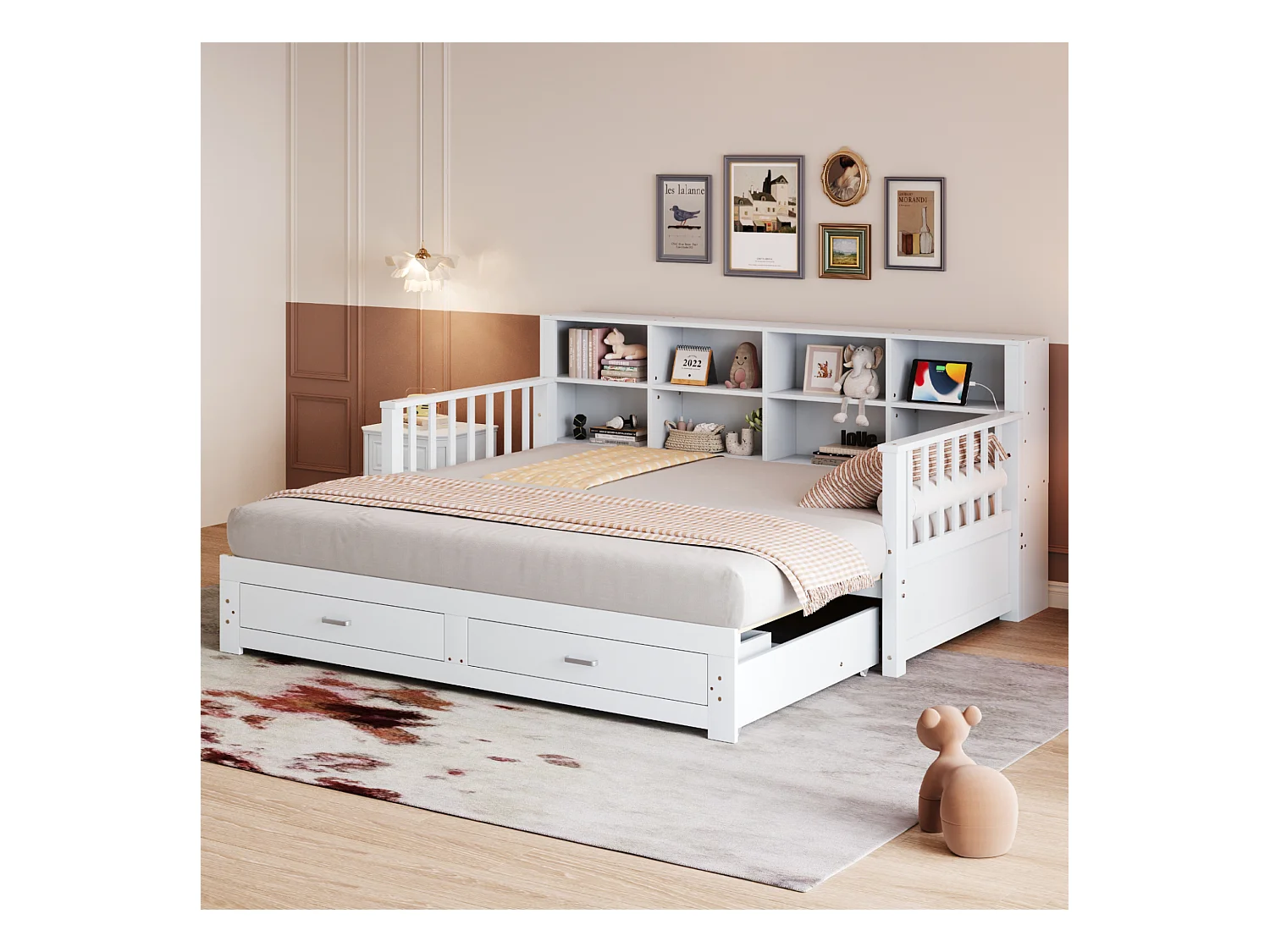 Lit banquette - 90 /180 x 190 cm - Canapé-lit - 2 tiroirs + rangement - bois de pin + contreplaqué + MDF - Blanc