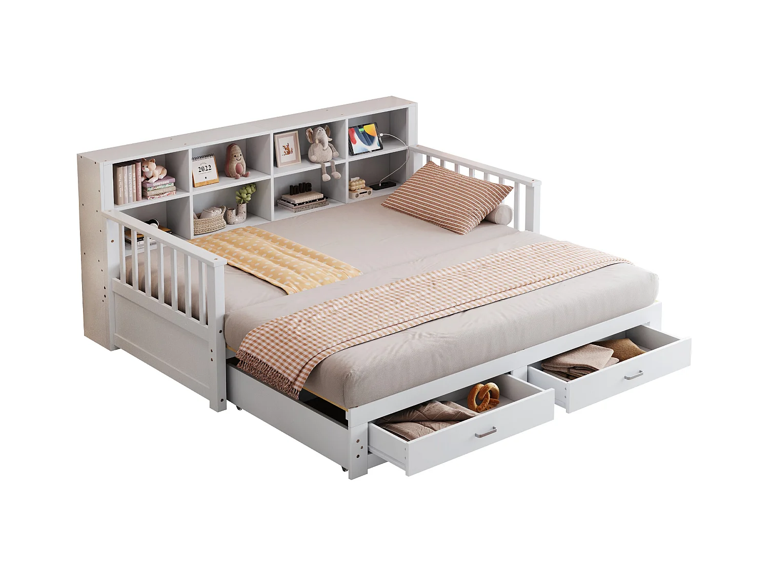 Lit banquette - 90 /180 x 190 cm - Canapé-lit - 2 tiroirs + rangement - bois de pin + contreplaqué + MDF - Blanc