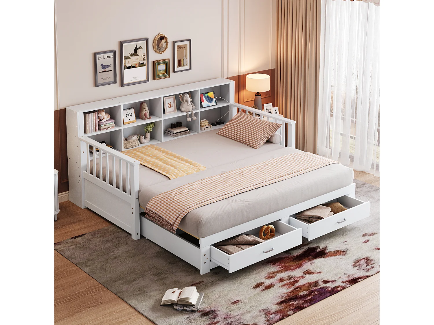 Tagesbett - 90/180 x 190 cm - Schlafsofa - 2 Schubladen + Stauraum - Kiefernholz + Sperrholz + MDF - Weiß