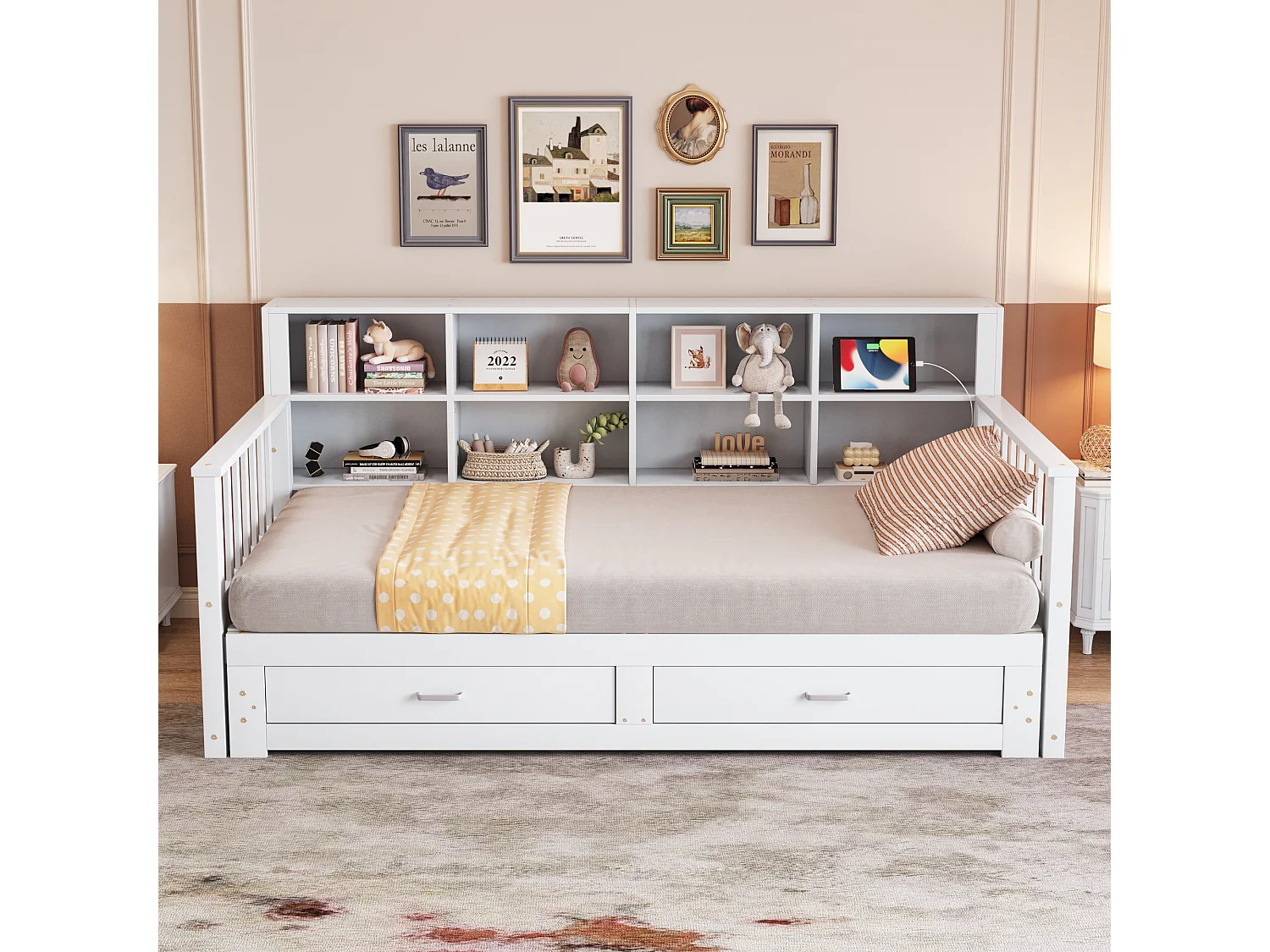 Tagesbett - 90/180 x 190 cm - Schlafsofa - 2 Schubladen + Stauraum - Kiefernholz + Sperrholz + MDF - Weiß