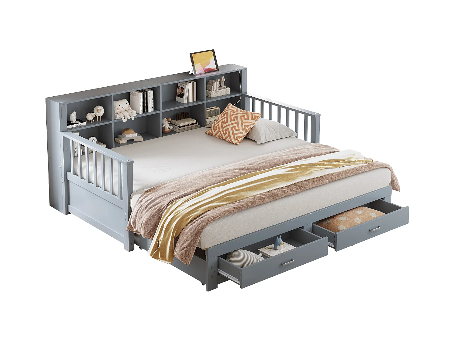 Lit banquette - 90 /180 x 190 cm - Canapé-lit - 2 tiroirs + rangement - bois de pin + contreplaqué + MDF - Gris