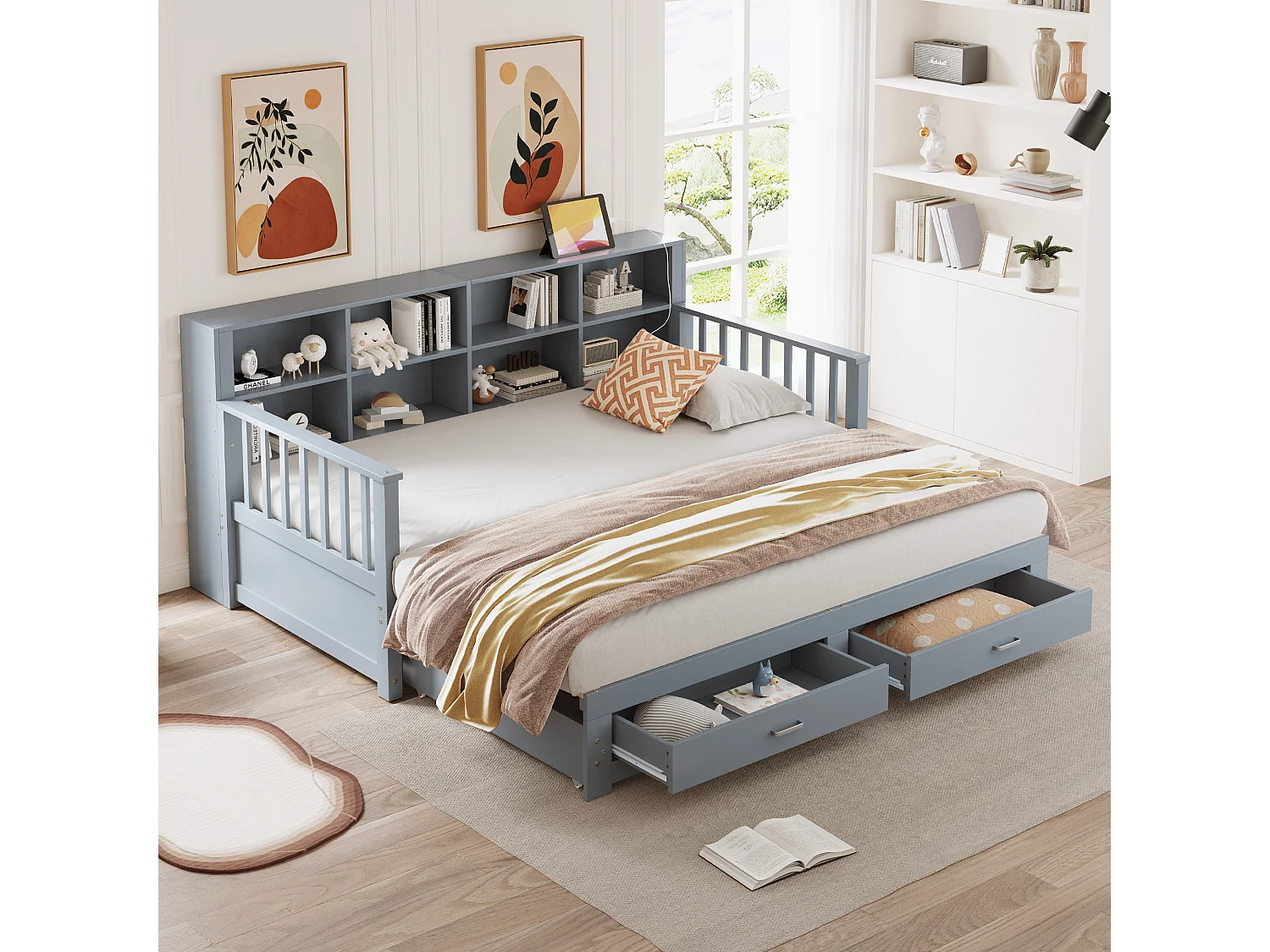 Divano letto - 90/180 x 190 cm - Divano letto - 2 cassetti + contenitore - Legno di pino + compensato + MDF - Grigio