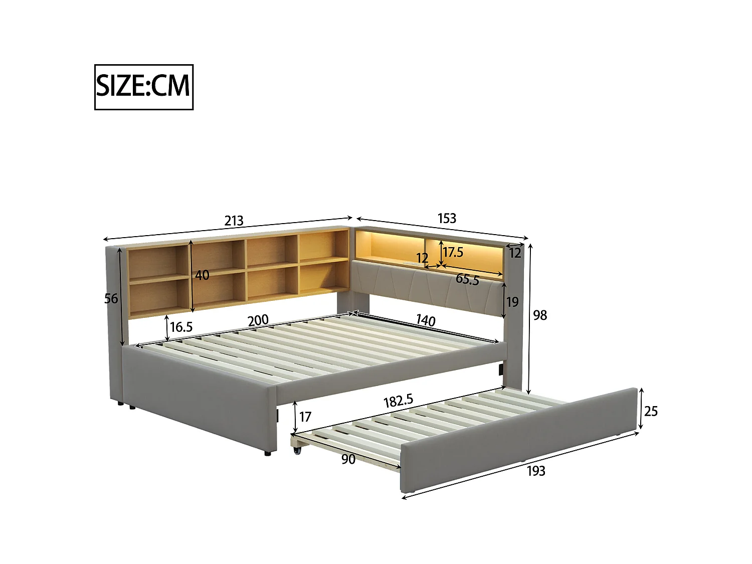 Sofa rozkładana tapicerowana - 140 x 200 cm + 90 x 190 cm - LED i gniazdka - ze schowkiem - Tkanina flanelowa - Jasnoszary