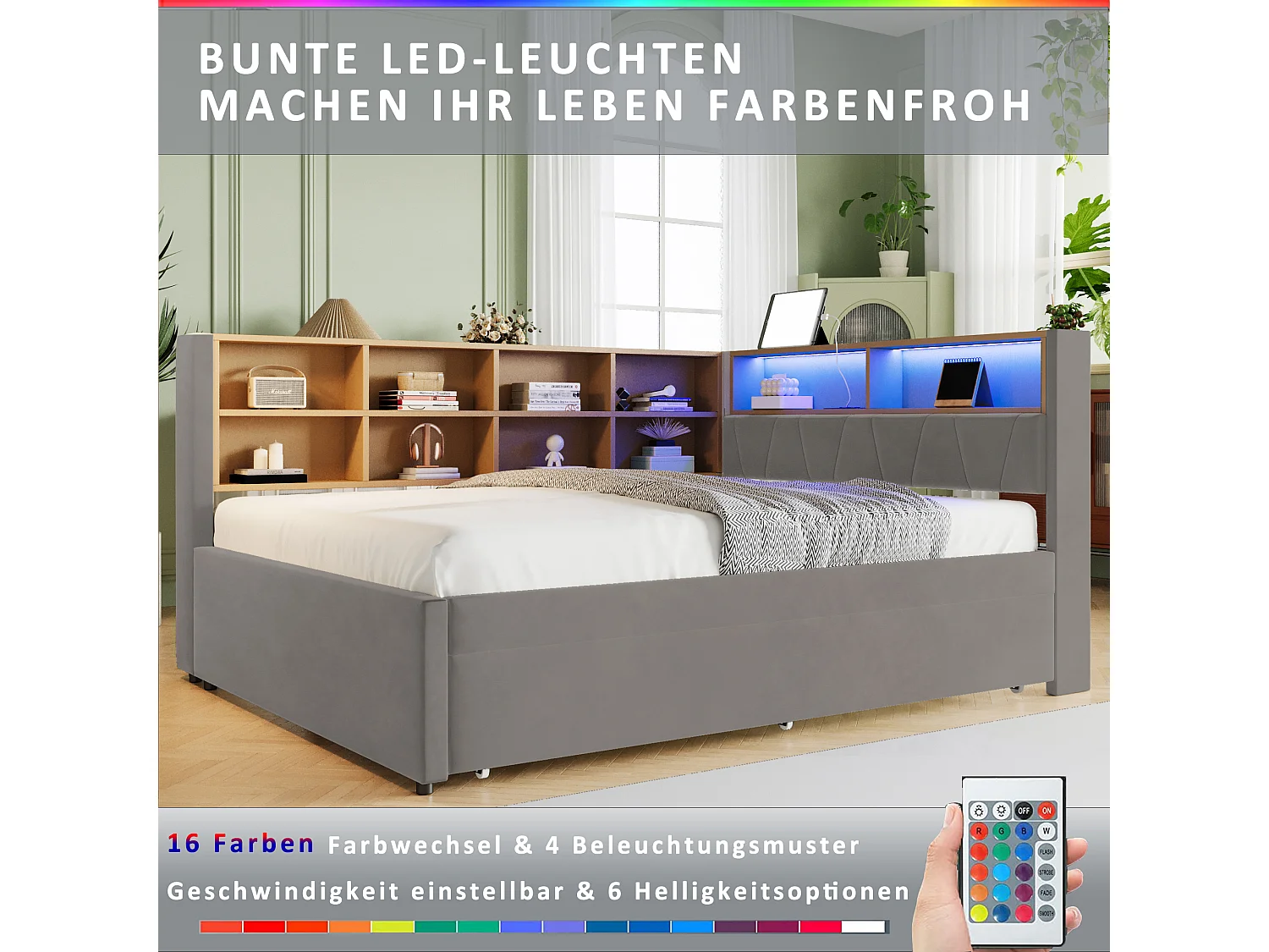 Canapé-lit rembourré gigogne - 140 x 200 cm + 90 x 190 cm - Leds et prises - avec rangements - Tissu flanelle - Gris clair