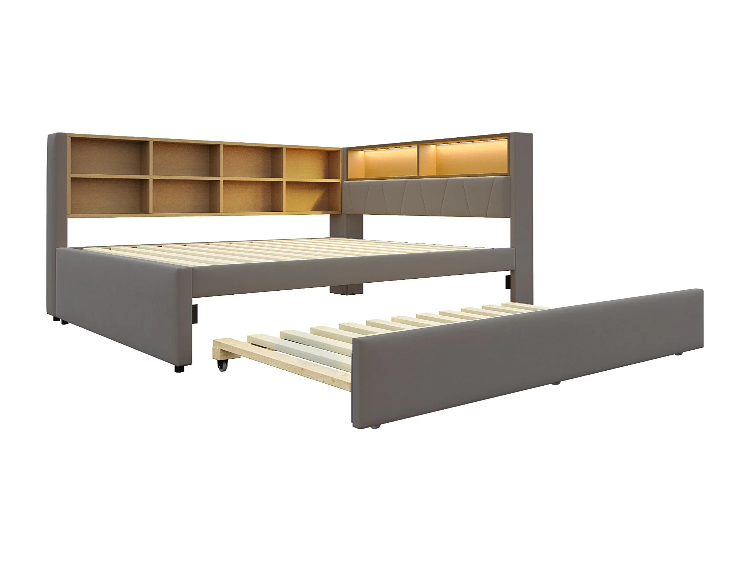 Canapé-lit rembourré gigogne - 140 x 200 cm + 90 x 190 cm - Leds et prises - avec rangements - Tissu flanelle - Gris clair