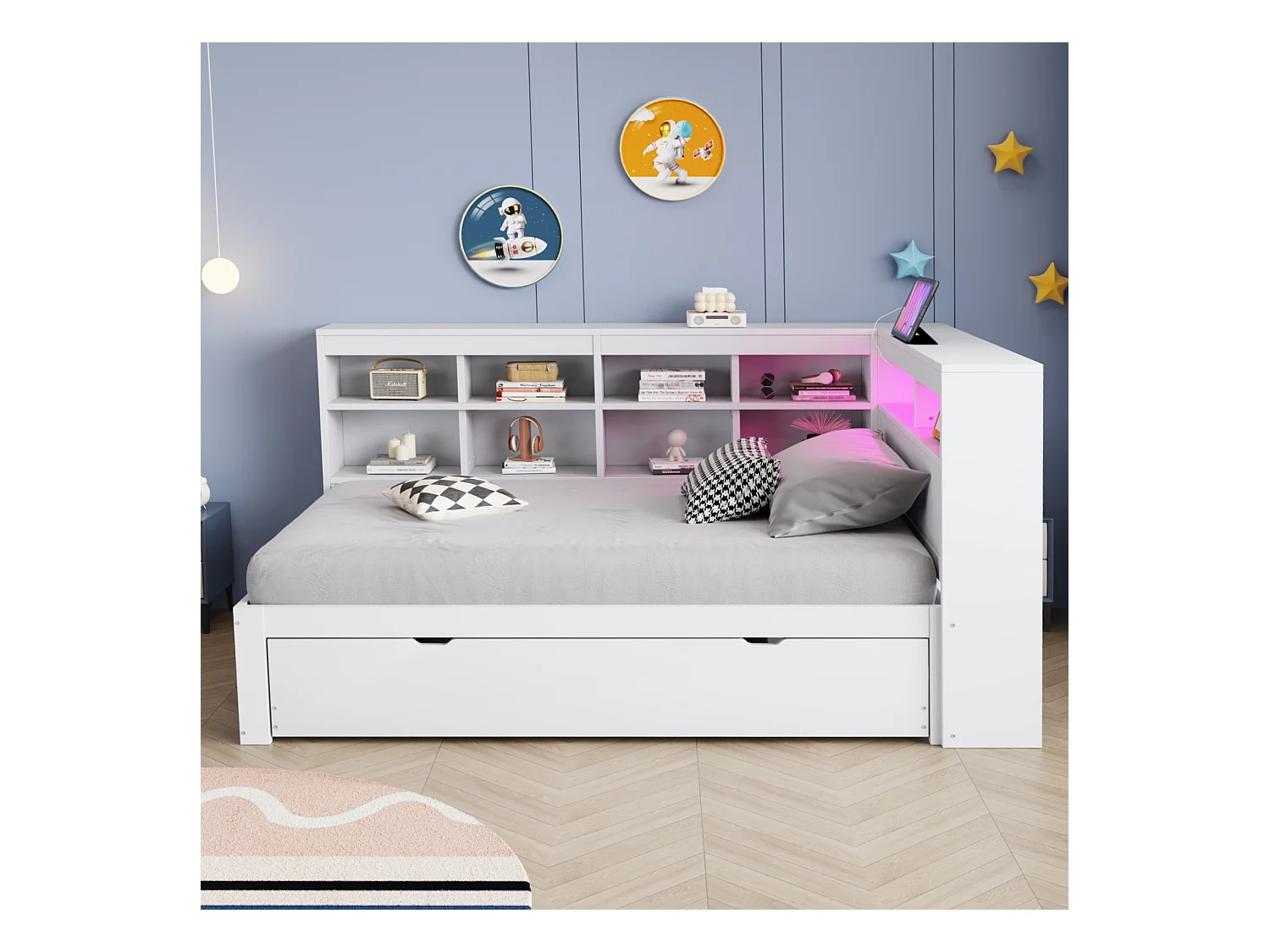 Gepolstertes Ausziehsofa - 90 x 200 cm + 90 x 190 cm - LEDs und Steckdosen - mit Stauraum - Flanellstoff - weiß