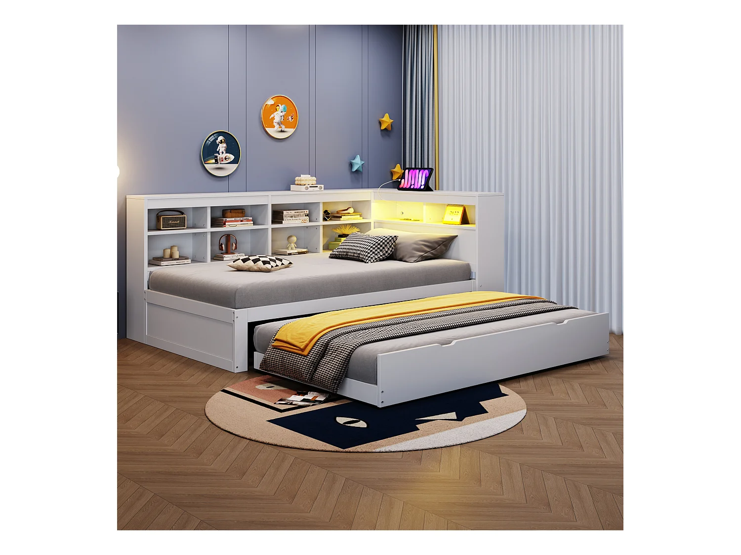 Gepolstertes Ausziehsofa - 90 x 200 cm + 90 x 190 cm - LEDs und Steckdosen - mit Stauraum - Flanellstoff - weiß