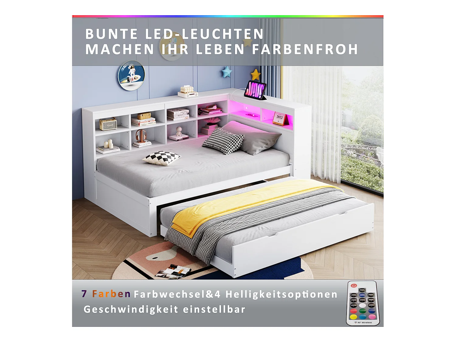 Gepolstertes Ausziehsofa - 90 x 200 cm + 90 x 190 cm - LEDs und Steckdosen - mit Stauraum - Flanellstoff - weiß