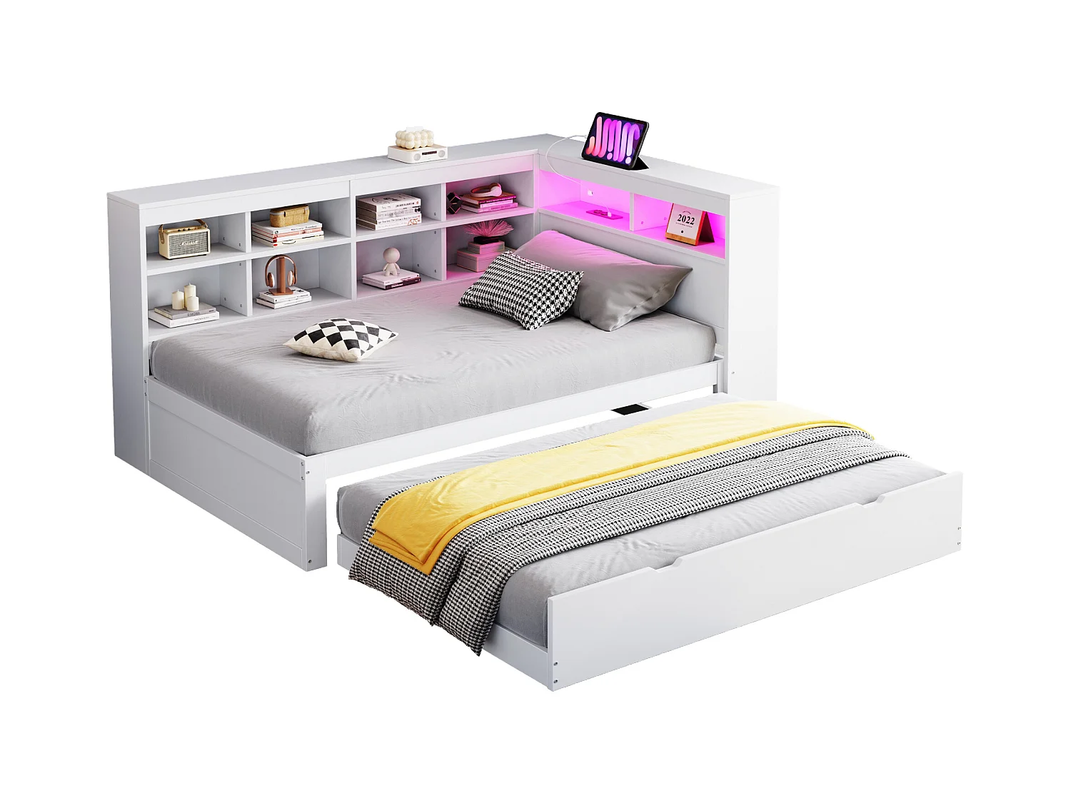 Gepolstertes Ausziehsofa - 90 x 200 cm + 90 x 190 cm - LEDs und Steckdosen - mit Stauraum - Flanellstoff - weiß