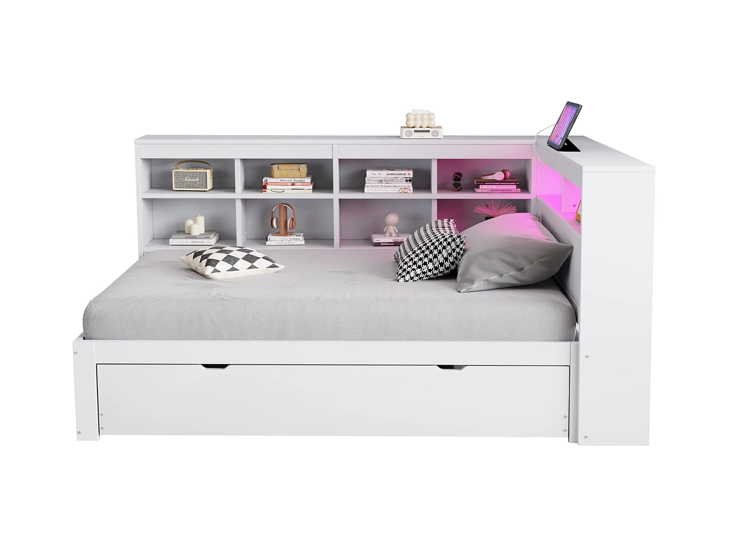 Gepolstertes Ausziehsofa - 90 x 200 cm + 90 x 190 cm - LEDs und Steckdosen - mit Stauraum - Flanellstoff - weiß