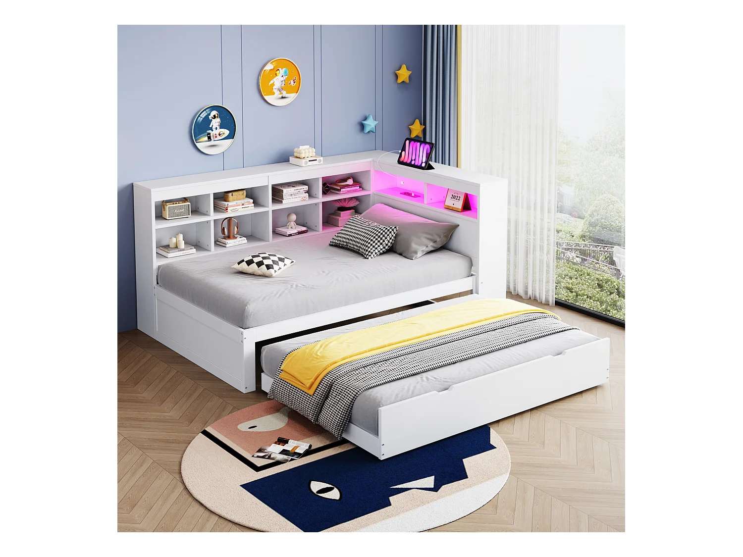 Gepolstertes Ausziehsofa - 90 x 200 cm + 90 x 190 cm - LEDs und Steckdosen - mit Stauraum - Flanellstoff - weiß